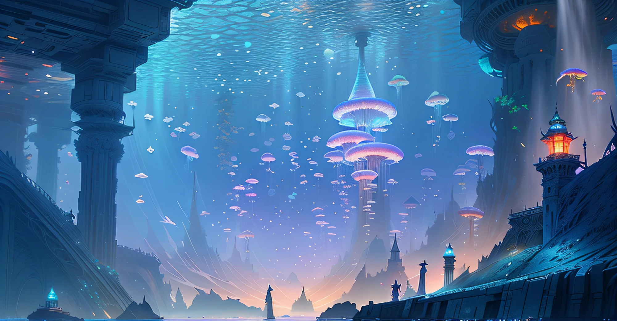 Jellyfish float in the water, concept art stunning atmosphere, jellyfish temple, beautiful concept art, Concept art wallpaper 4K, metaverse concept art, an underwater city, award winning concept art, concept art 8 k, cyberpunk jellyfish, concept art 8k resolution, concept art 8 k resolution, mystical sci-fi concept art