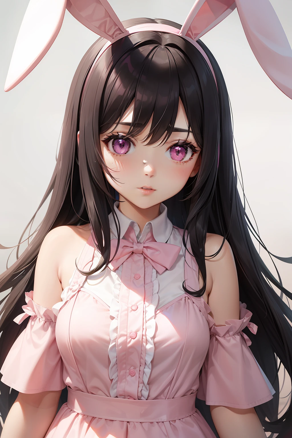 a women, pink bunny ears, black hair, pink eyes, pink dress