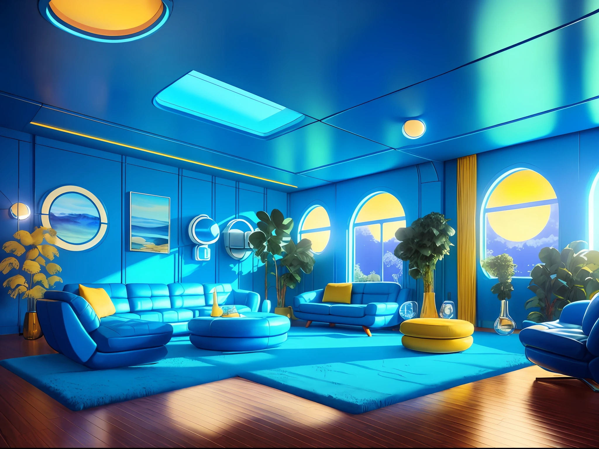 retrofuturism interior design，Smooth sky blue color scheme，liveroom，Cosy and comfortable living room，Bright yellow sofa、Brown hardwood floors，hugging pillow，The walls are painted in warm and inviting colors，Soft lighting creates a relaxing atmosphere，sense of science and technology，Greenery，floor to ceiling window，the setting sun