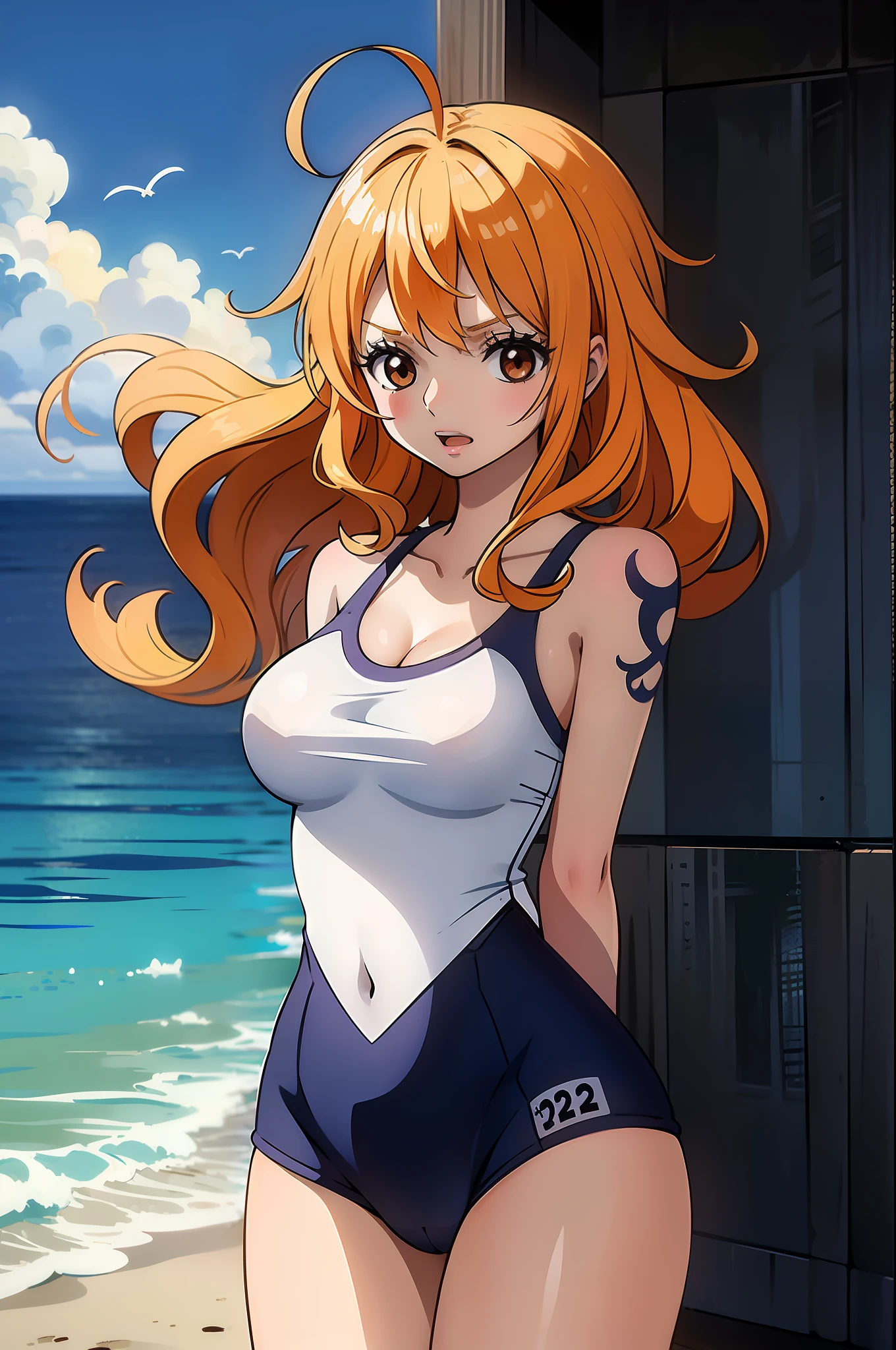 girl with,Wearing a school swimsuit、Gentle eyes、with round face、huge tit、Brown-eyed、length hair、Cute、Loli face、Very bright orange hair color、 Cheerful, Cute, tareme,、(((​masterpiece:1.5)))、(ultra-detailliert、ighly detailed:1.3)、(Seductive girl(2023 Anime Style:1.2))、(Put your arms behind your back、gust of wind、Fluttering hair:1.3) 、is standing、Summer beaches、Girl with 1 person、、(Ahoge:1.2)、Unkempt hair、、Long、(embarrassed from:1.1)、Hands between the legs、