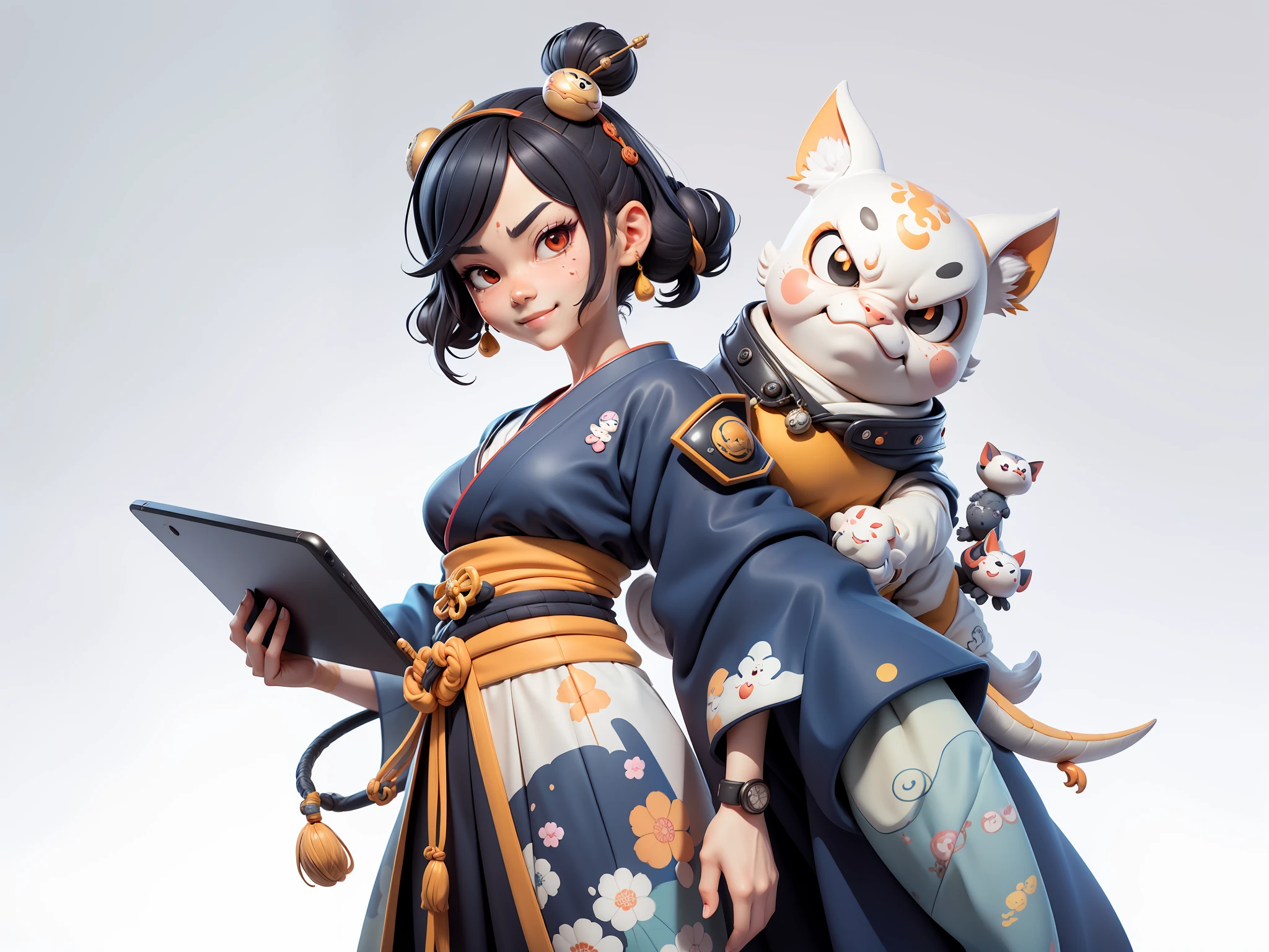 (Daisaku),(Need),(Super meticulous),(full bodyesbian:1.2),Japanese ukiyo-e girl，japanese geisha，Beautiful，Oriental dragon，Aeolian Thor，Raised sexy，爆乳，Oriental face，TV Anchor，Bust portrait illustration，Alone，In black suit，a blue tie，The face is slightly chubby，The face was clean，without a beard，Black super short hair，Black eyes，Smile confidently，3C computer sub-products，iPad， iphone，Digital painting，3D character design by Mark Clairen and Pixar and Hayao Miyazaki and Akira Toriyama，The illustration is a high-definition illustration in 4K resolution，With very detailed facial features and cartoon-style visuals。
