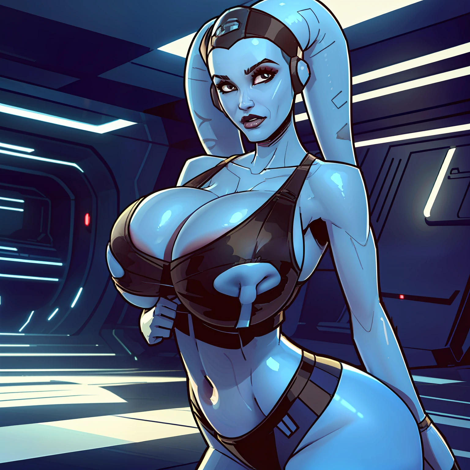 1girl, (((breast expansion, bereaction))), hot blue Twi'lek girl bursting out of her tank top, masterpiece, best quality, high-definition, busty, breasts, cleavage, ((blue skin), twi'lek), evil, sharp facial features, sexy, confident, seductive, (wearing black tank top, panties, socks, ((busty))), slender body, thin, slim sexy body, slim waist, ((((huge tits, huge boobs, huge cleavage, huge breasts))))), futuristic apartment, Star Wars,