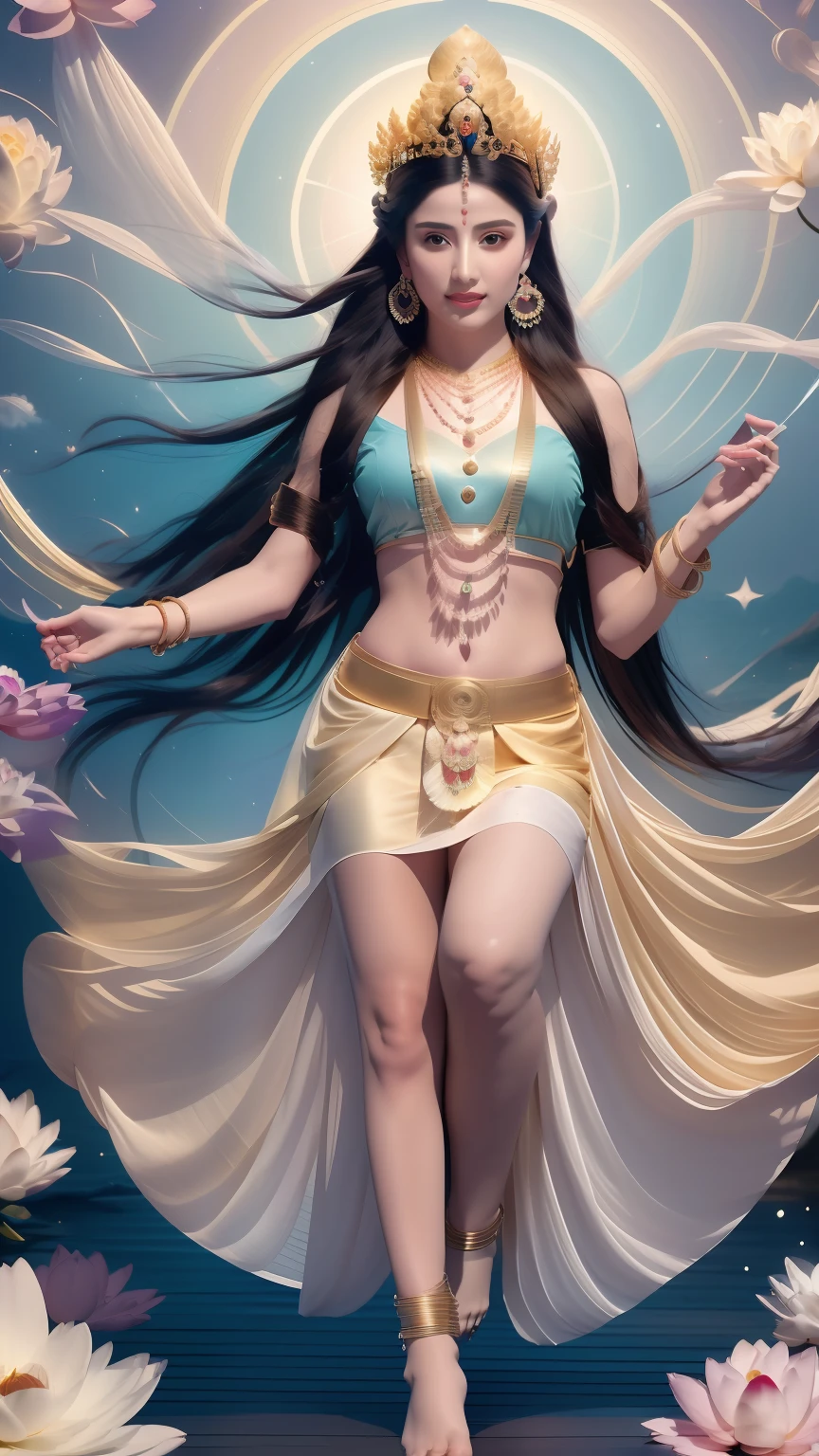 Venus, Goddess of beauty，fresh flowers，Refreshing and blue，Hair hanging down the shoulders，A delicate and ornate crown，inlaid gemstones，（（long hair flowing）），choker necklace，Yingluo，Fair and delicate skin，bangle，ankle bracelets，flowing clouds，fresh flowers，（nice hand），（Good feet），（good legs），realisticlying，white skinned，no-bra，The chest is covered with streamers，Blowing in the wind，Kim In-ro belt，Silk skirt fluttering，（（Correct body structure）），decorated in white，with blue sky and white clouds，Clean skies，Head background with round light，Behind him is a faint rainbow circle，Front lighting，No shadows on the face，Unreal space，ethereal world，dreamworld，tmasterpiece，4K，ultra-definition，professional photoshooting，