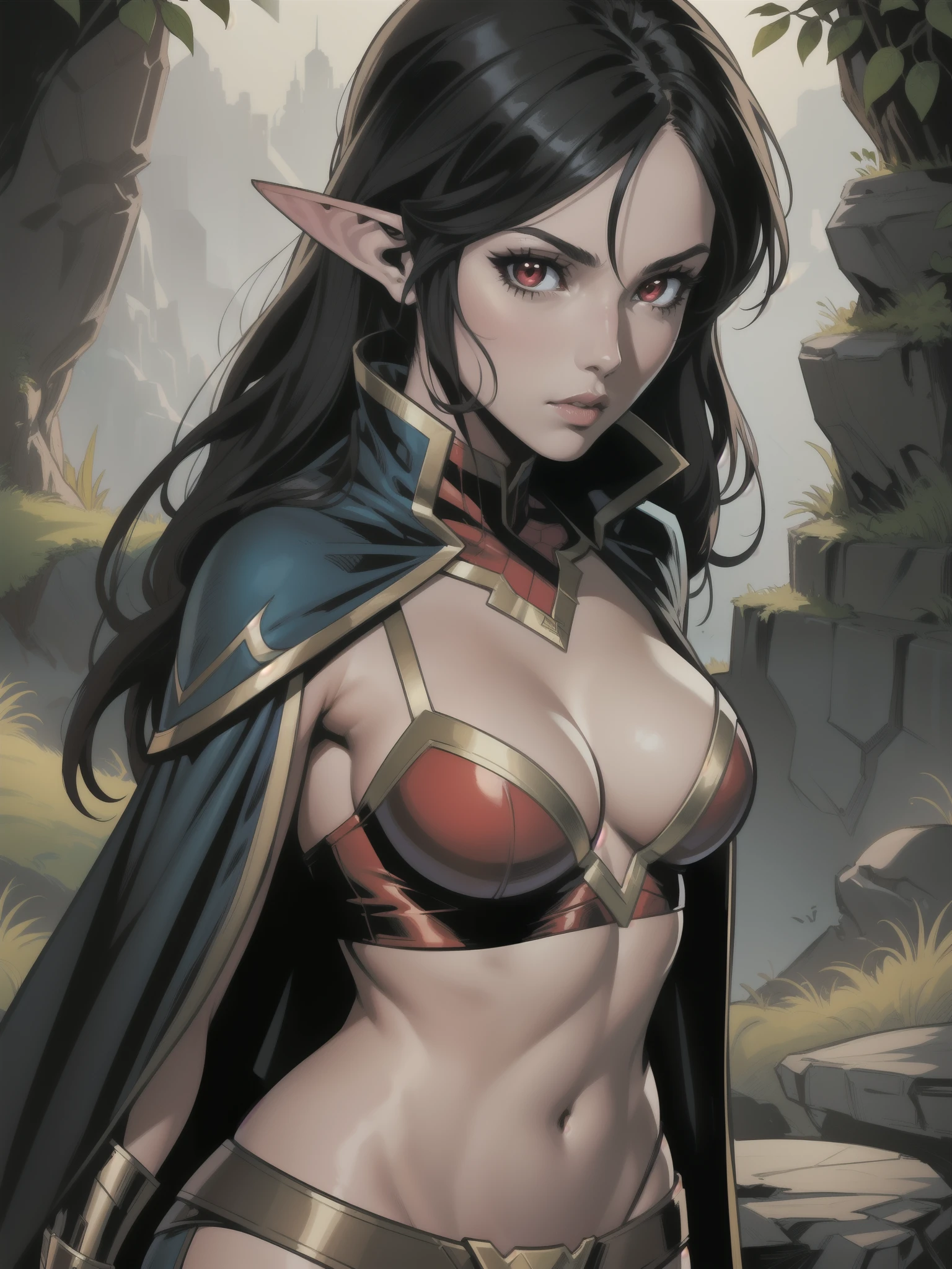 Portrait, Masterpiece, Excellent, 1girl, solo, complex details, color diffusion, comic book, anime, marvel, DC, close-up, peach skin, athletic body, elf ears, black hair, dark hair, red eyes, revealing attire, huntress attire, tattered cloth, Wild Elf, savage, Sci-Fi, Fantasy