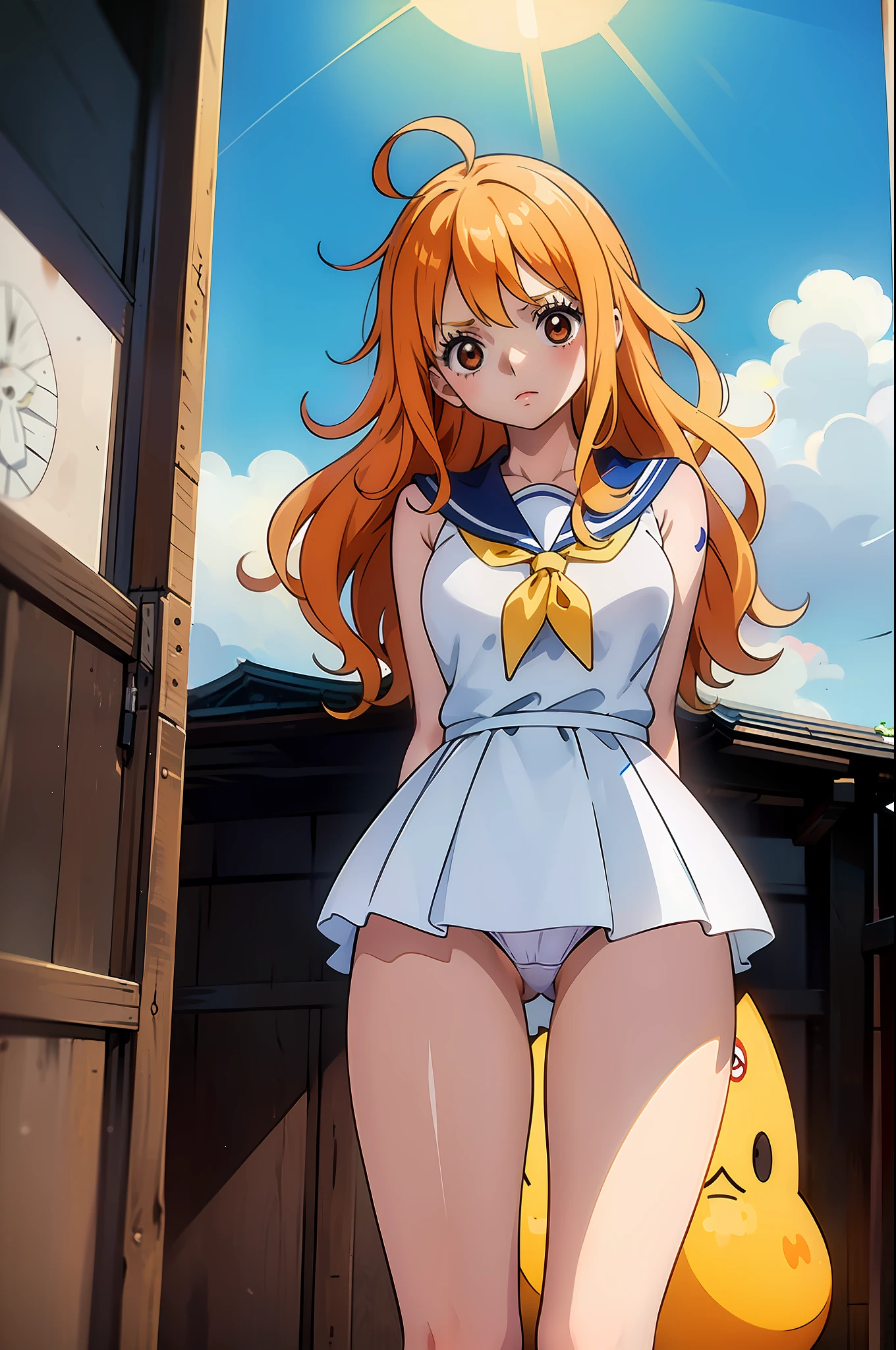 girl with,Gentle eyes、with round face、huge tit、Brown-eyed、length hair、Cute、 face、Very bright orange hair color、 Cheerful, Cute, tareme,(((masterpiece:1.5)))、(ultra-detailliert、ighly detailed:1.3)、(Seductive girl(2023 Anime Style:1.2))、(Put your arms behind your back、gust of wind、Fluttering hair:1.3) 、White panties are visible、is standing、Summer beaches、Girl with 1 person、、(Ahoge:1.2)、Unkempt hair、White sailor suit、Long、(embarrassed from:1.1)、Hands between the legs、