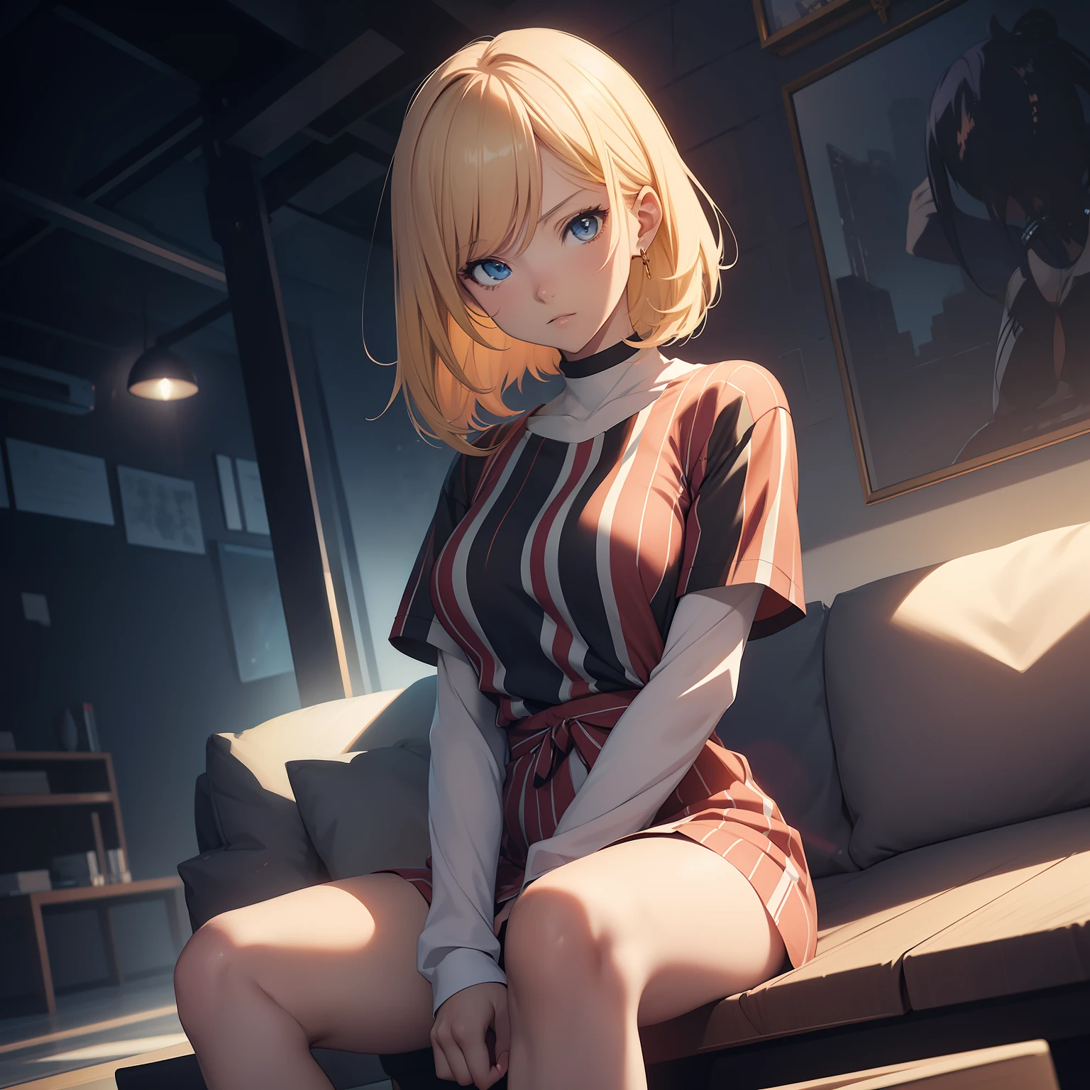 (masterpiece, best quality, ultra-detailed, 8k, wallpaper, photorealistic), full body, 1 girl, 25 years old, perfect body, perfect anatomy, perfect hands, long round legs, short blonde hair in a Striped Tee and Culotte Jumpsuit, smooth anime cg art, anime style, realistic anime 3d style, high-quality anime art style, digital anime art, Ross Tran style, realistic anime art style, style anime, modern anime style, the anime girl is sitting cross-legged