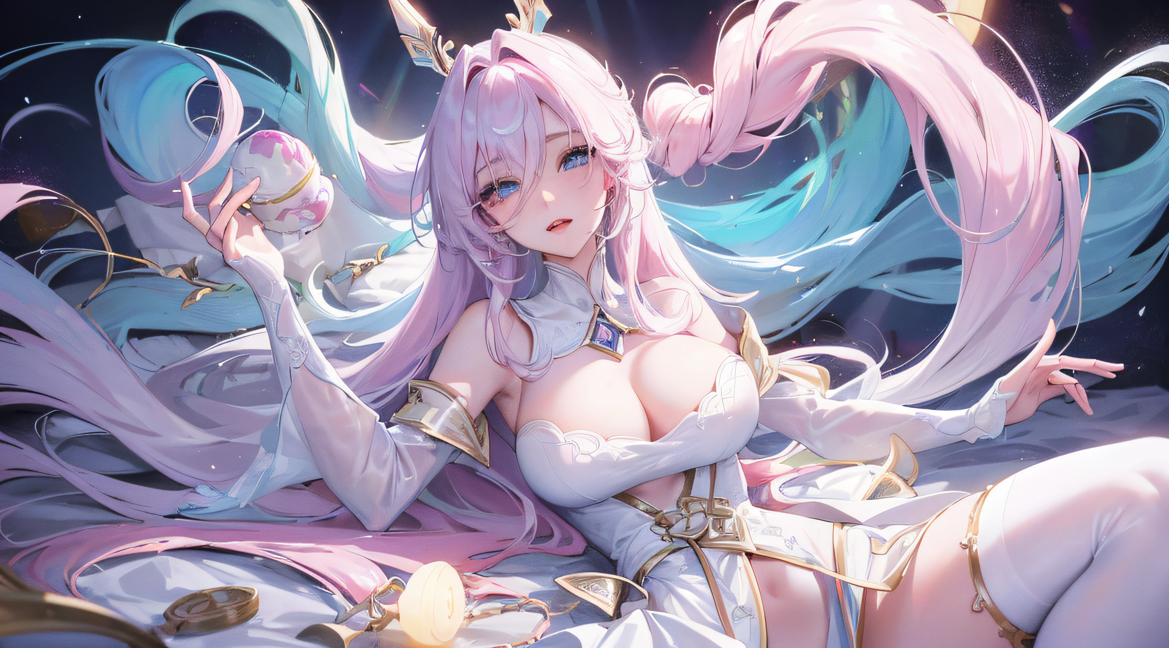 Official fine art,tmasterpiece,Sharp focus,(beautiful lovely Korean people:1.3),Delicate and beautiful hair and eyes and face,realisticlying,ultra - detailed,Beautiful girl lying on bed,,Glowing white particles,(side-lighting:1.2),rays of sunshine,baiyun,Slender,Cute big breasts,Giant buttocks,Toothy laughter,((Laugh and open your eyes)),Long straight hair, sexy facial expression, Dynamic hair, Long straight hair, Delicate platinum-pink hair, glow blue eyes, (nakeness), Long white socks, paleskin, hair adornments,Raise your ass,pantyless
