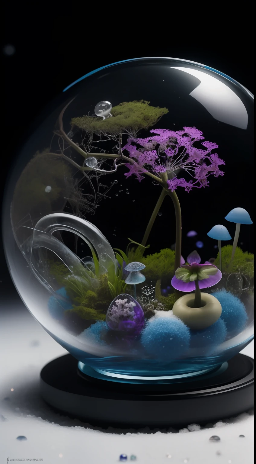 Epic Photo of an alien orchid in glass sphere, blue mushrooms with cilia, enchanted Dystopian fantasy snow forest background with toadstools, snow crystals, crystalline cilia, seahorses, fireflies, bubble flowers, mycelium stings, wet reflections, moss with dew, bokeh, crystalline micro structures photography, multispectral imaging, macro, Canon 80mm Lens F/4, polychromatic colours, full HD, --ar 3:2 --no text, signature, emblems, logo --auto