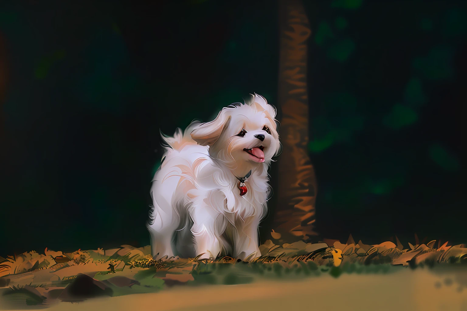 In the grass stood a small white dog sticking out its tongue,small dog, Cute dog, with white fluffy fur, pet animal, adult dog, enjoying a stroll in the forest, style of anime;Electronic digital painting