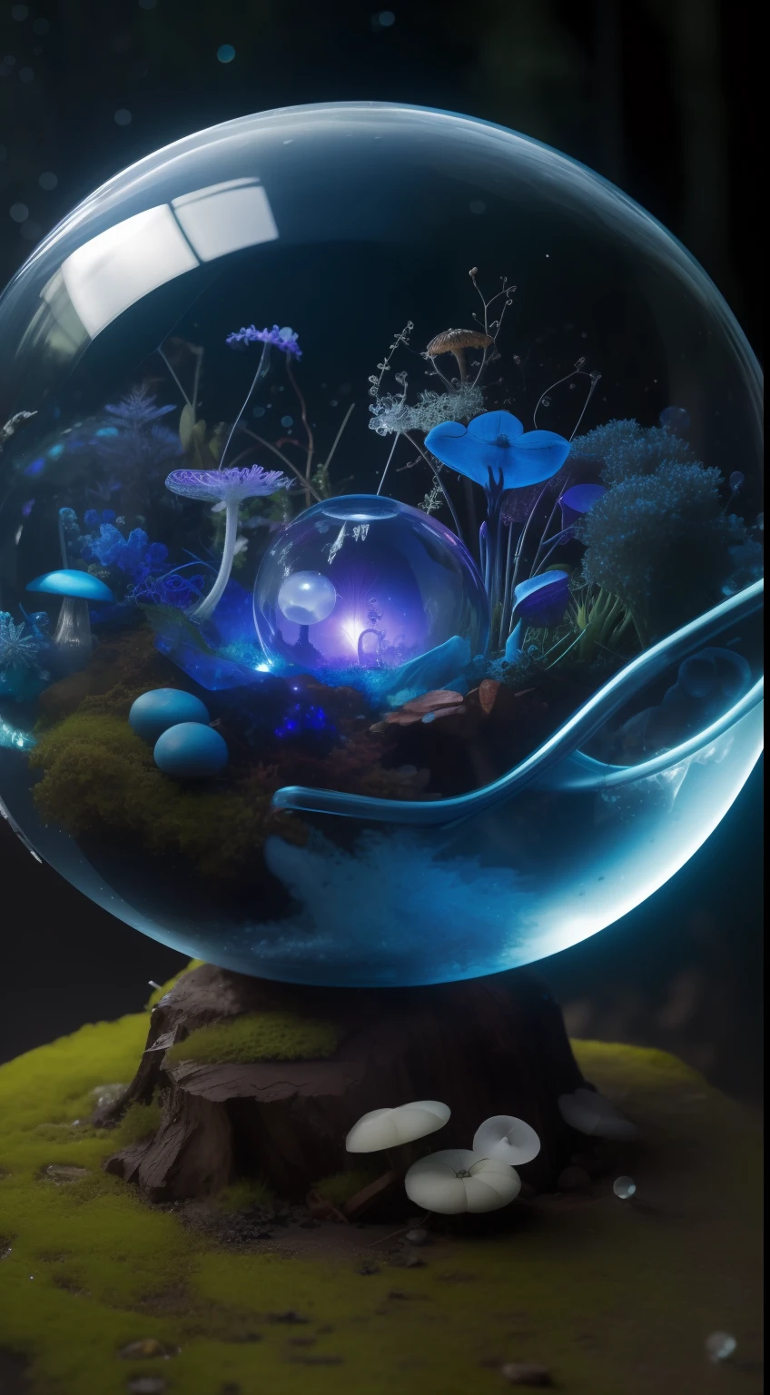 Epic Photo of an alien orchid in glass sphere, blue mushrooms with cilia, enchanted Dystopian fantasy snow forest background with toadstools, snow crystals, crystalline cilia, seahorses, fireflies, bubble flowers, mycelium stings, wet reflections, moss with dew, bokeh, crystalline micro structures photography, multispectral imaging, macro, Canon 80mm Lens F/4, polychromatic colours, full HD, --ar 3:2 --no text, signature, emblems, logo --auto