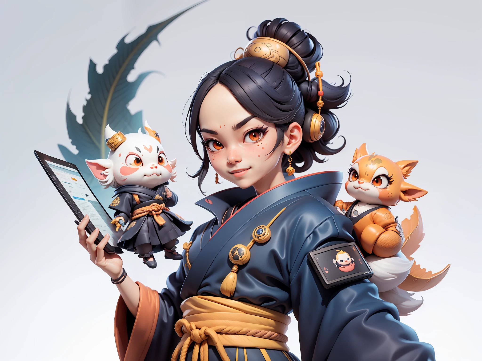 (Daisaku),(Need),(Super meticulous),(full bodyesbian:1.2),Japanese ukiyo-e girl，japanese geisha，Beautiful，Oriental dragon，Aeolian Thor，Raised sexy，爆乳，Oriental face，TV Anchor，Bust portrait illustration，Alone，In black suit，a blue tie，The face is slightly chubby，The face was clean，without a beard，Black super short hair，Black eyes，Smile confidently，3C computer sub-products，iPad， iphone，Digital painting，3D character design by Mark Clairen and Pixar and Hayao Miyazaki and Akira Toriyama，The illustration is a high-definition illustration in 4K resolution，With very detailed facial features and cartoon-style visuals。