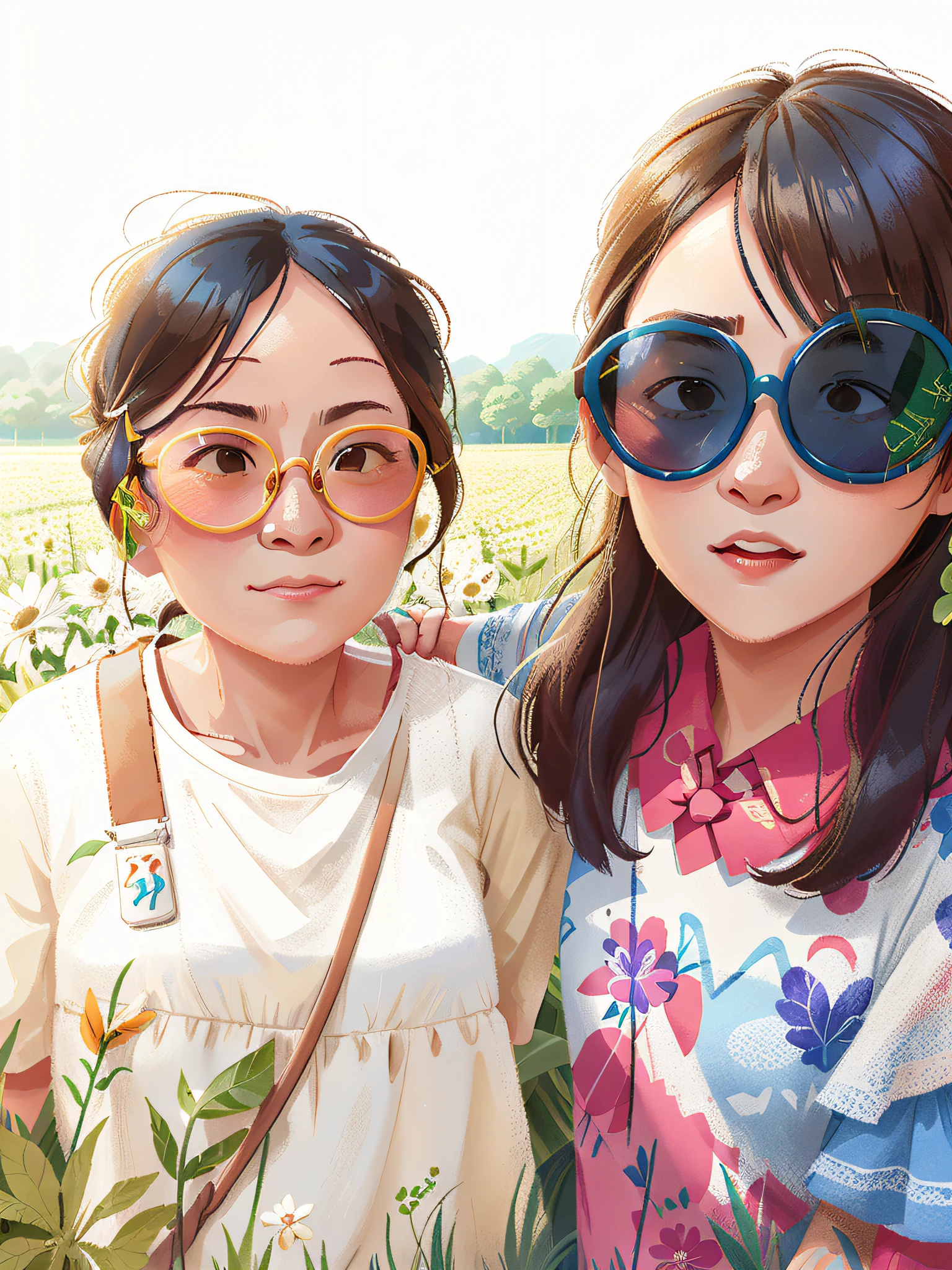 Mother and daughter take a group photo in the field, with sunglass, Ruan Jia and Fenghua Zhong, 8k selfie photograph, wearing thin large round glasses, with ivy, With glasses, with square glasses, with her long, Li Zixin, zmonzheng, very very low quality picture, !!wearing modern glasses!!
