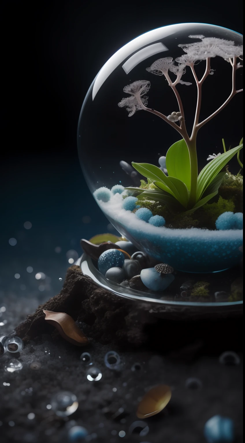 Epic Photo of an alien orchid in glass sphere, blue mushrooms with cilia, enchanted Dystopian fantasy snow forest background with toadstools, snow crystals, crystalline cilia, seahorses, fireflies, bubble flowers, mycelium stings, wet reflections, moss with dew, bokeh, crystalline micro structures photography, multispectral imaging, macro, Canon 80mm Lens F/4, polychromatic colours, full HD, --ar 3:2 --no text, signature, emblems, logo --auto