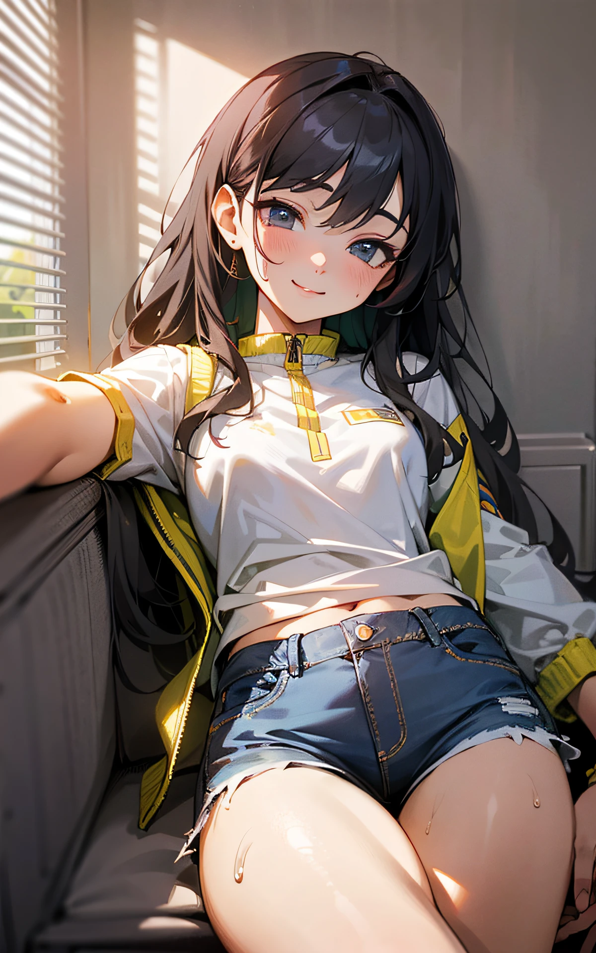 (Unity 16K Wallpaper, Masterpiece, Best Quality, Ultra-Detailed, Extremely Detailed CG, Beautiful Detailed Eyes, solo, curby), Ultra High Resolution, fine skin、sexy, Sweat, short shorts, plain tops, smile, thigh fetish, 16 years old