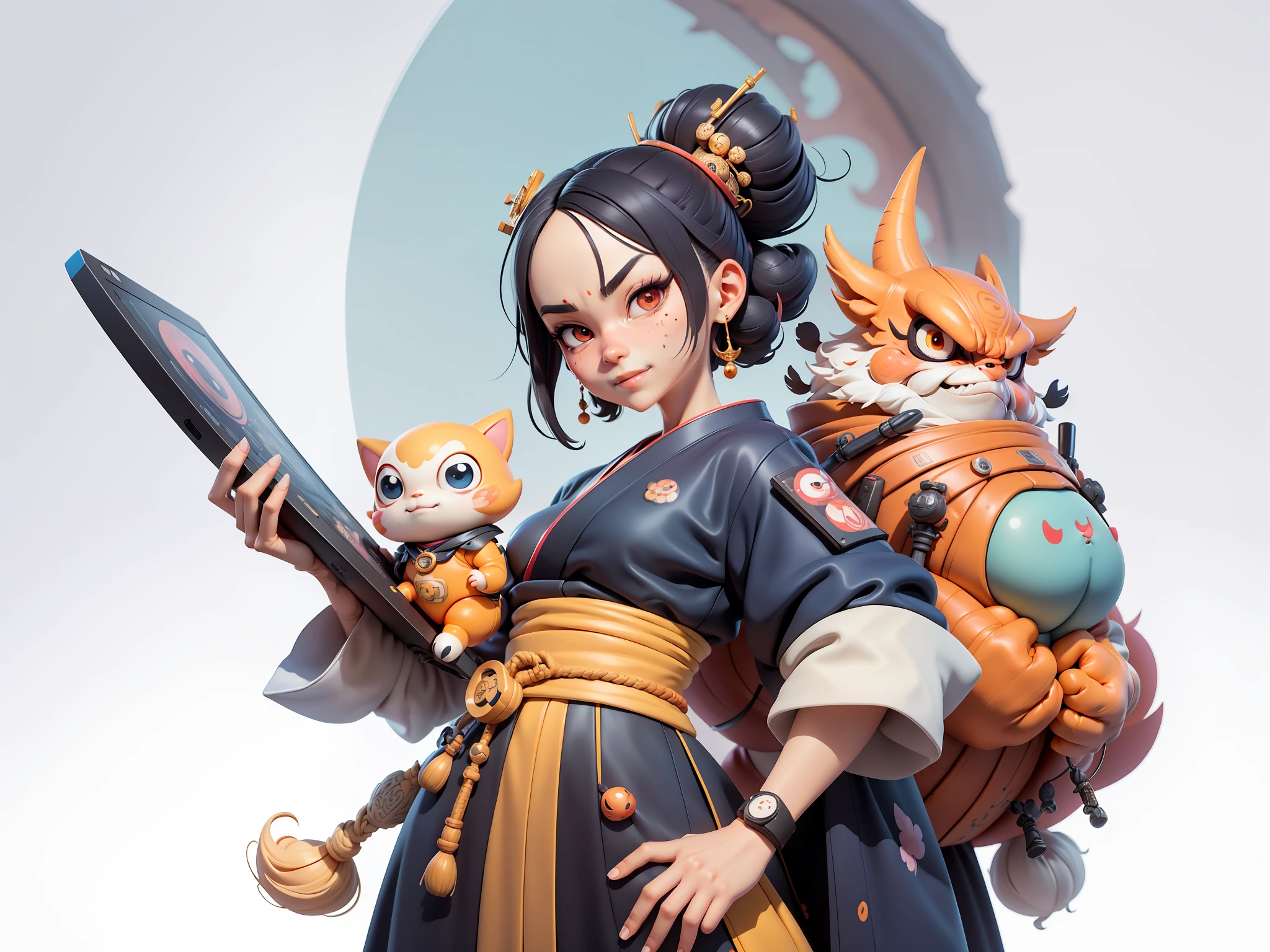 (Daisaku),(Need),(Super meticulous),(full bodyesbian:1.2),Japanese ukiyo-e girl,japanese geisha,Beautiful,Oriental dragon,Aeolian Thor,Raised sexy,爆乳,Oriental face,TV Anchor,Bust portrait illustration,Alone,In black suit,a blue tie,The face is slightly chubby,The face was clean,without a beard,Black super short hair,Black eyes,Smile confidently,3C computer sub-products,iPad, iphone,Digital painting,3D character design by Mark Clairen and Pixar and Hayao Miyazaki and Akira Toriyama,The illustration is a high-definition illustration in 4K resolution,With very detailed facial features and cartoon-style visuals。