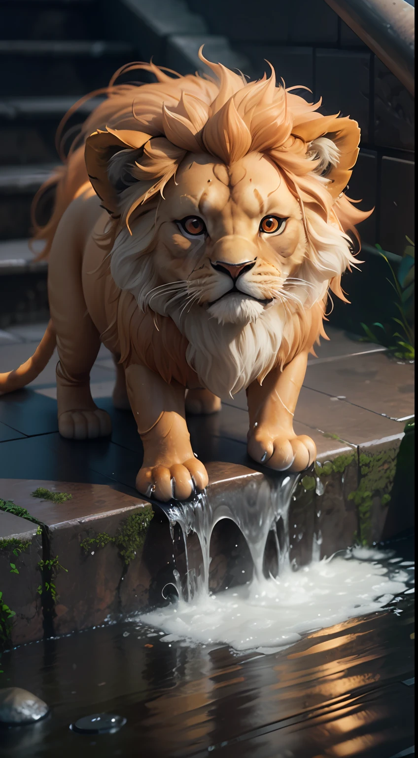 3D furry orange Puppet of a chibi baby lion, wet, dripping water from the head, on the stairs, under the rain, longhairs, emotive eyes, electron microscope photography, 35mm lens, photorealistic, 3D, octane render, unreal engine, sweet --auto