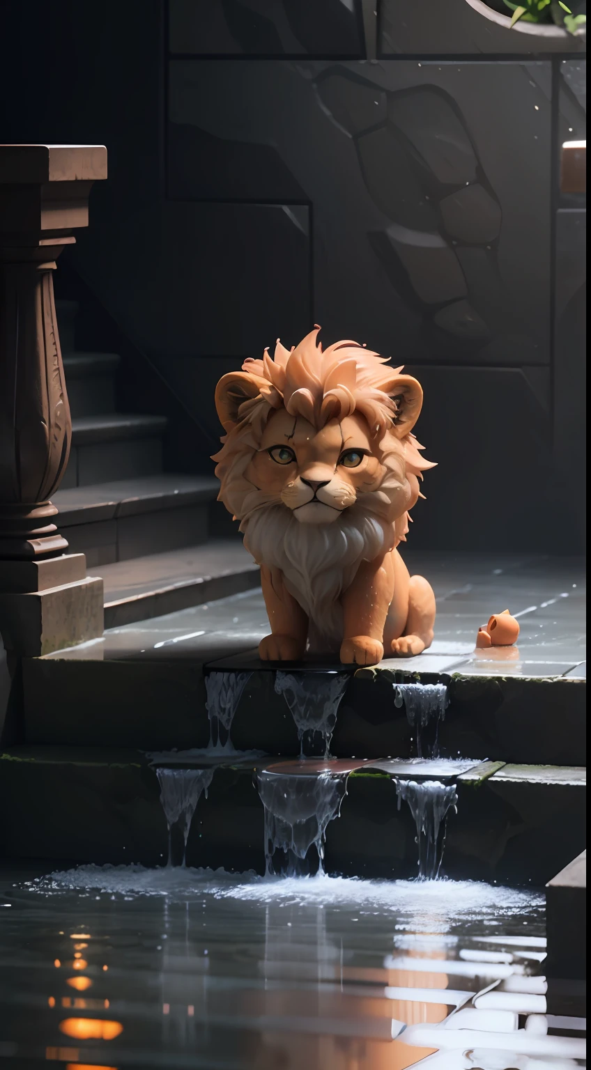 3D furry orange Puppet of a chibi lion, wet, dripping water from the head, on the stairs, under the rain, longhairs, emotive eyes, electron microscope photography, 35mm lens, photorealistic, 3D, octane render, unreal engine, sweet --auto