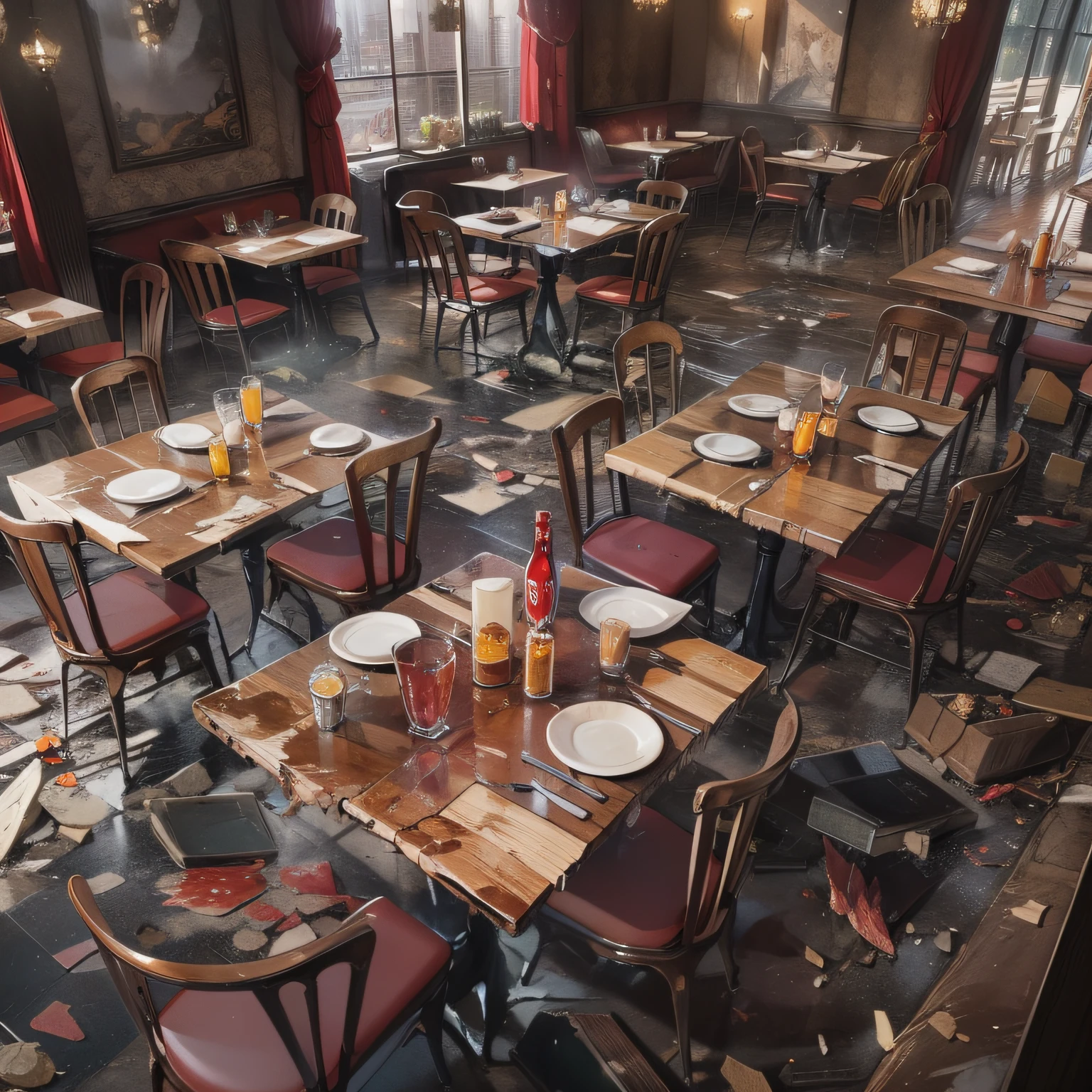 A restaurant that was smashed into a mess,glass breaking,Tables and chairs collapsed,Food splashes,grand master,tmasterpiece,8k wallpaper,CG,Ultra-high image quality,light and shadow effect