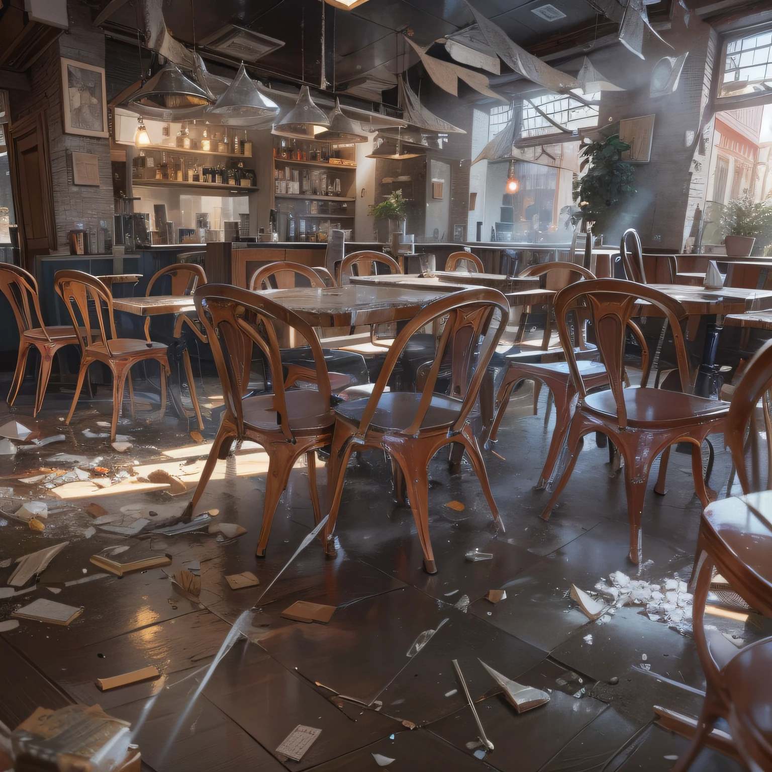 A restaurant that was smashed into a mess,glass breaking,Tables and chairs collapsed,Food splashes,grand master,tmasterpiece,8k wallpaper,CG,Ultra-high image quality,light and shadow effect