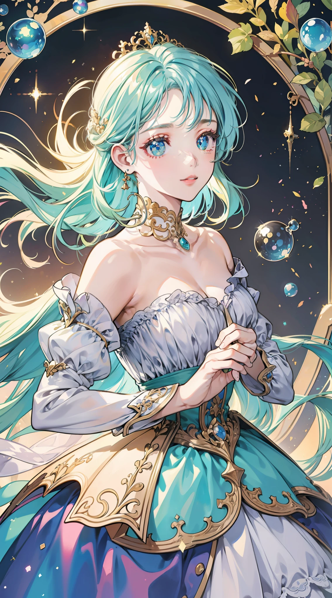 masterpiece, best quality, 8k resolution, sharp focus, intricate detail, beautiful girl, sparkling eyes, golden ratio face, otherworldly liquid, watercolor, pastel colors, bright colors, whimsical, colorful, sharp focus, high resolution, fine detail, princess layered ballgown, ((round eyes)), iridescent bubbles, magical