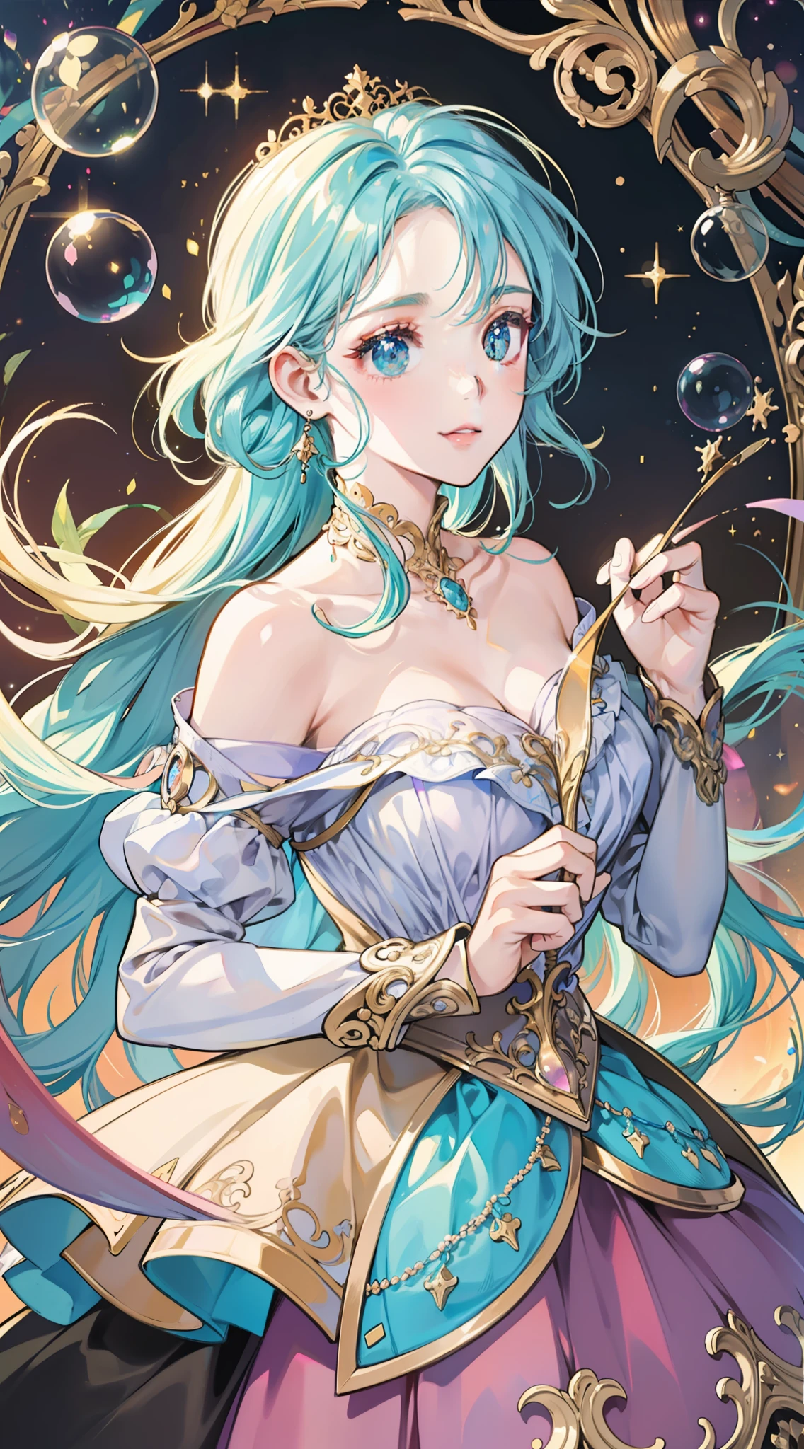 masterpiece, best quality, 8k resolution, sharp focus, intricate detail, beautiful girl, sparkling eyes, golden ratio face, otherworldly liquid, watercolor, pastel colors, bright colors, whimsical, colorful, sharp focus, high resolution, fine detail, princess layered ballgown, ((round eyes)), iridescent bubbles, magical