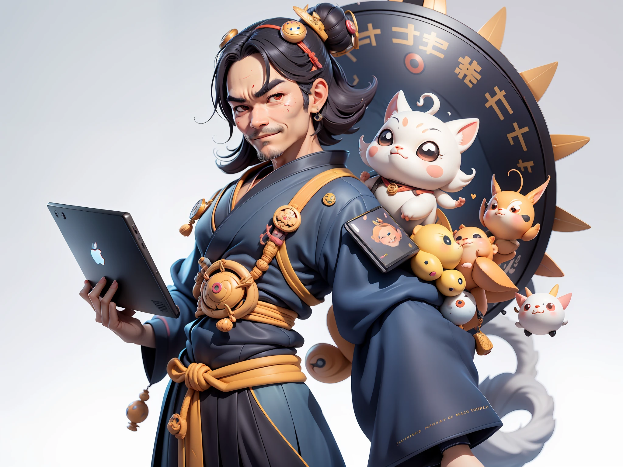 (Daisaku),(Need),(Super meticulous),(full bodyesbian:1.2),Japanese ukiyo-e girl，japanese geisha，Beautiful，Oriental dragon，Aeolian Thor，Raised sexy，爆乳，Oriental face，TV Anchor，Bust portrait illustration，Alone，In black suit，a blue tie，The face is slightly chubby，The face was clean，without a beard，Black super short hair，Black eyes，Smile confidently，3C computer sub-products，iPad， iphone，Digital painting，3D character design by Mark Clairen and Pixar and Hayao Miyazaki and Akira Toriyama，The illustration is a high-definition illustration in 4K resolution，With very detailed facial features and cartoon-style visuals。