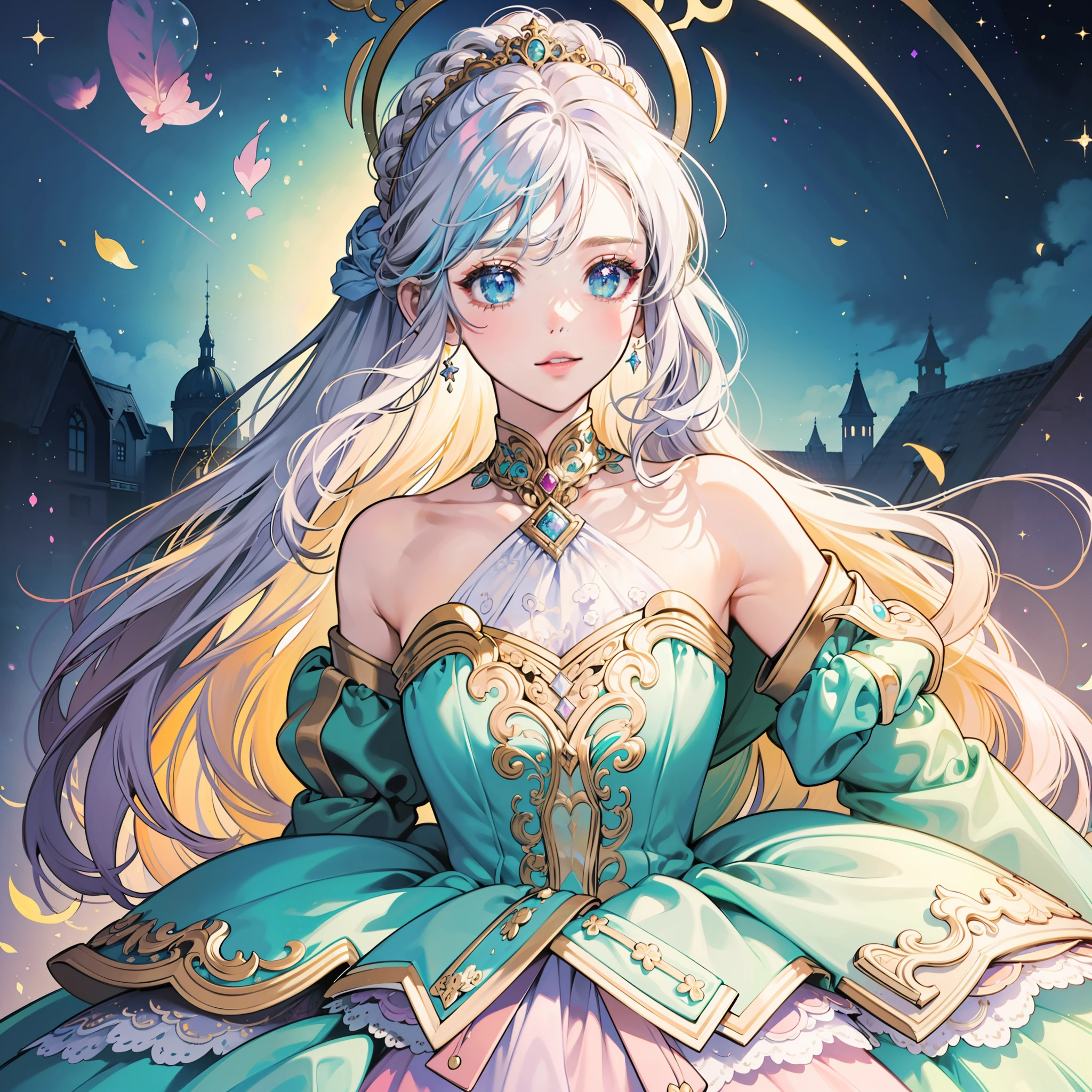 masterpiece, best quality, 8k resolution, sharp focus, intricate detail, beautiful girl, sparkling eyes, golden ratio face, otherworldly liquid, watercolor, pastel colors, bright colors, whimsical, colorful, sharp focus, high resolution, fine detail, princess layered ballgown, ((round eyes)), iridescent bubbles, castle landscape in background