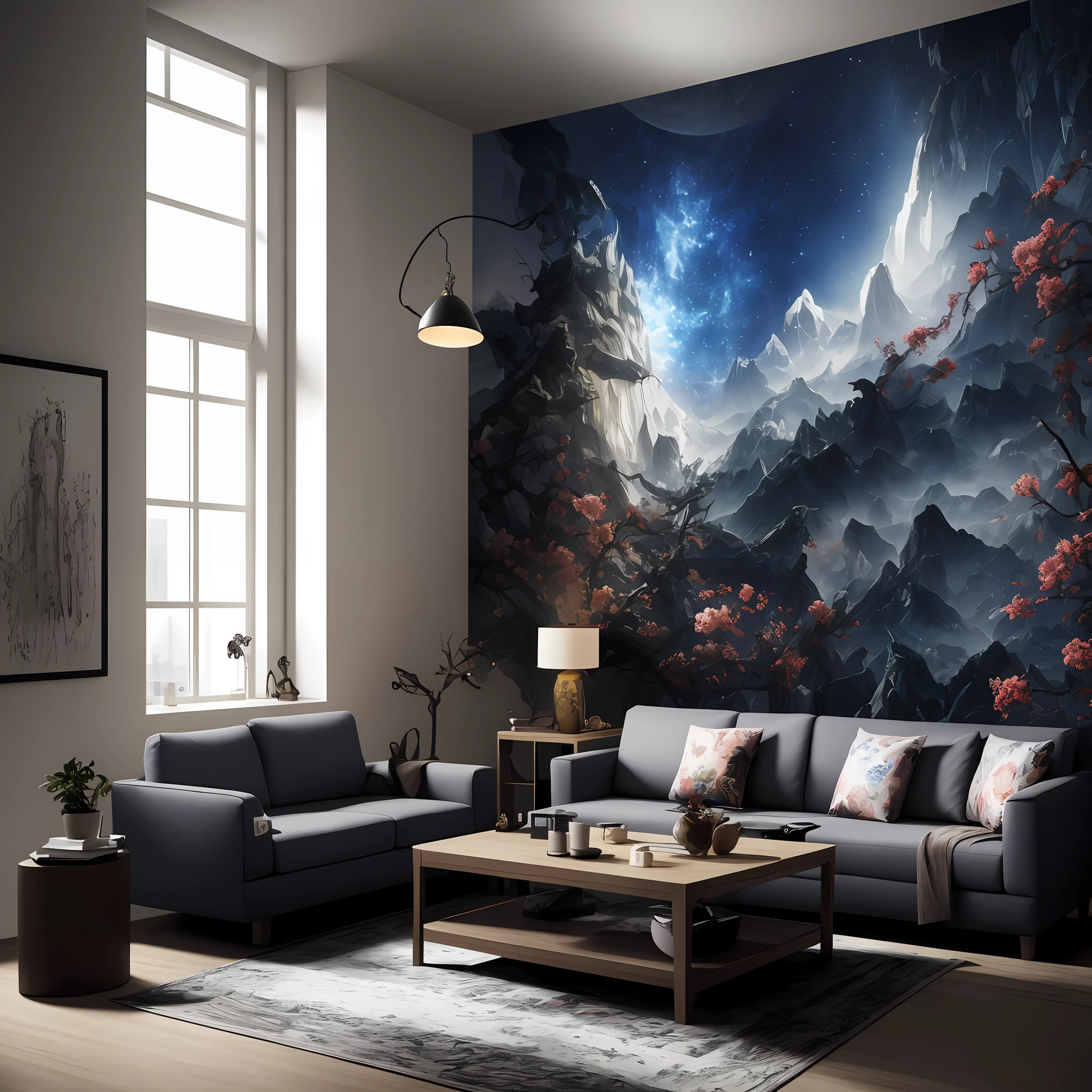 tmasterpiece，Best quality at best，high qulity，The is very detailed, CG unified 8K wallpaper，Minimalist design，Modern living room,Small and crowded living room，inside in room，midynight，a female lying on the sofe，scenecy，Wall paintings，Bokeh，hdr，blooms，color difference，真实感，The is very detailed，Trends on ArtStation，Trends on CGSociety, High detail, art by midjourney, Technologie, Confori, Pisif, Full of spooky rooms, sofe，(Just 1 coffee table), Cartoon, Cold light reflection, black in color，There is only one window