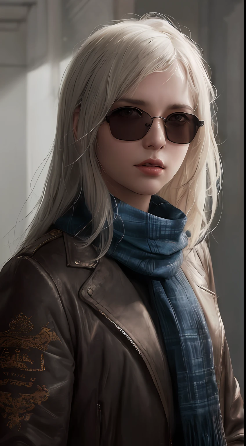(dark shot:1.1), epic realistic, portrait of halo, sunglasses, blue eyes, tartan scarf, white hair by atey ghailan, by greg rutkowski, by greg tocchini, by james gilleard, by joe fenton, by kaethe butcher, gradient yellow, black, brown and magenta color scheme, grunge aesthetic!!! graffiti tag wall background, art by greg rutkowski and artgerm, soft cinematic light, adobe lightroom, photolab, hdr, intricate, highly detailed, (depth of field:1.4), faded, (neutral colors:1.2), (hdr:1.4), (muted colors:1.2), hyperdetailed, (artstation:1.4), cinematic, warm lights, dramatic light, (intricate details:1.1), complex background, (rutkowski:0.66), (teal and orange:0.4)