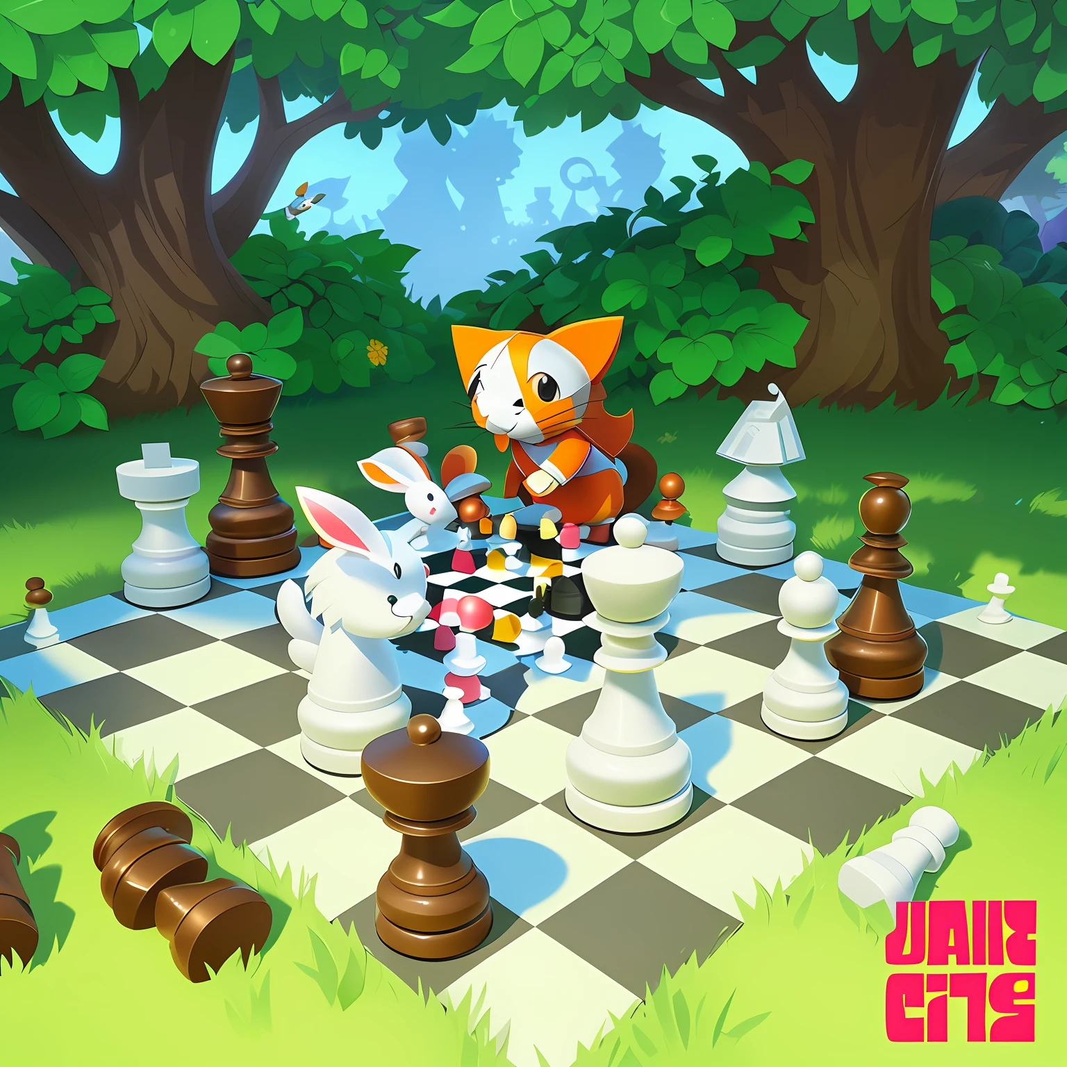 Cartoon cat and rabbit playing chess with chess pieces in the park, Game illustration, A cat playing chess, !!playing chess!!, Mobile game art, Game art, Stylized game art, Official artwork, detailed game art illustration, board game cover art, promo art, chess game, Detailed game art, card game illustration, Official concept art, playing chess, offcial art