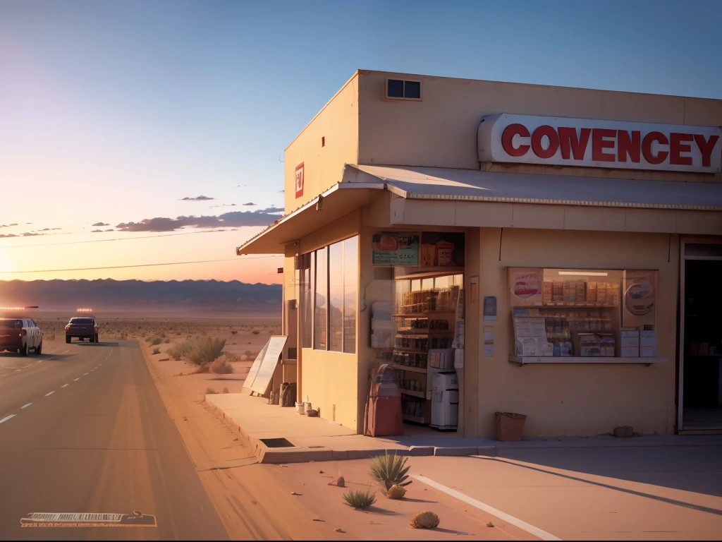 Isolated convenience store in the middle of the desert at sunset, car parked outside, lo-fi, nostalgic.