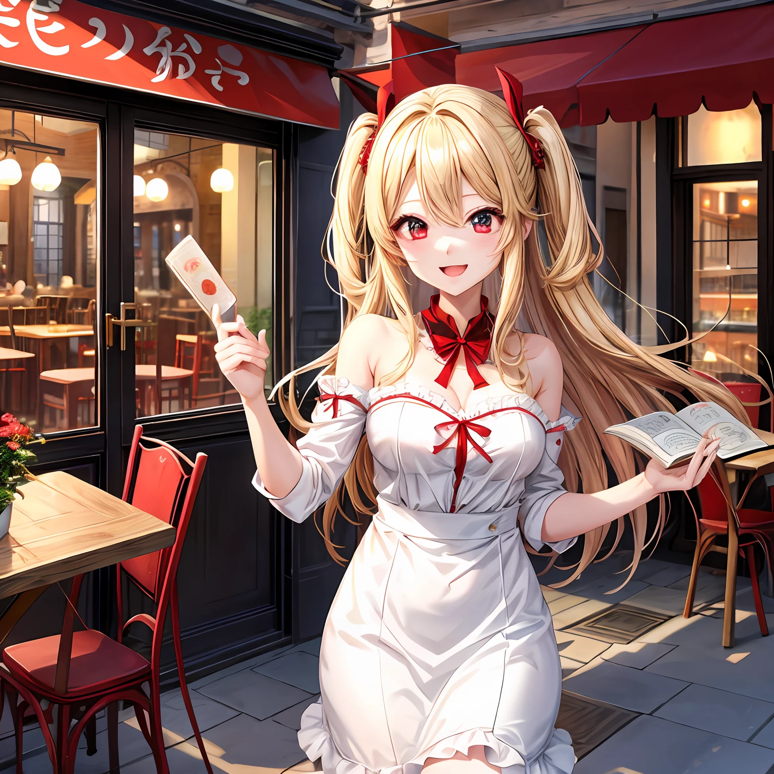 a blond、red eyes、One pretty girl、独奏、animesque、Italian Restaurant