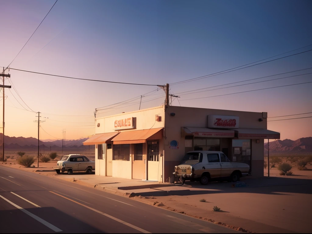 Isolated convenience store in the middle of the desert at sunset, car parked outside, lo-fi, nostalgic.