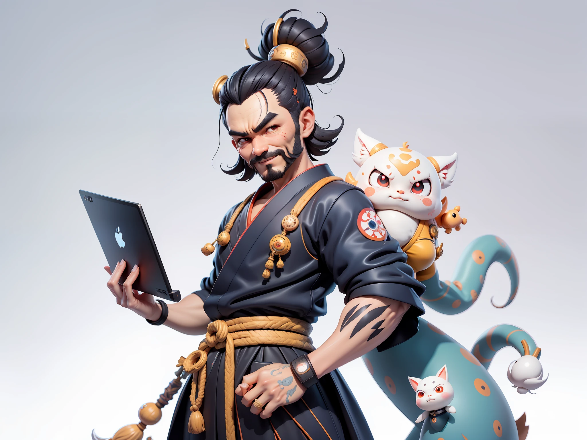 (Daisaku),(Need),(Super meticulous),(full bodyesbian:1.2),Japanese ukiyo-e girl,japanese geisha,Beautiful,Oriental dragon,Aeolian Thor,Raised sexy,爆乳,Oriental face,TV Anchor,Bust portrait illustration,Alone,In black suit,a blue tie,The face is slightly chubby,The face was clean,without a beard,Black super short hair,Black eyes,Smile confidently,3C computer sub-products,iPad, iphone,Digital painting,3D character design by Mark Clairen and Pixar and Hayao Miyazaki and Akira Toriyama,The illustration is a high-definition illustration in 4K resolution,With very detailed facial features and cartoon-style visuals。