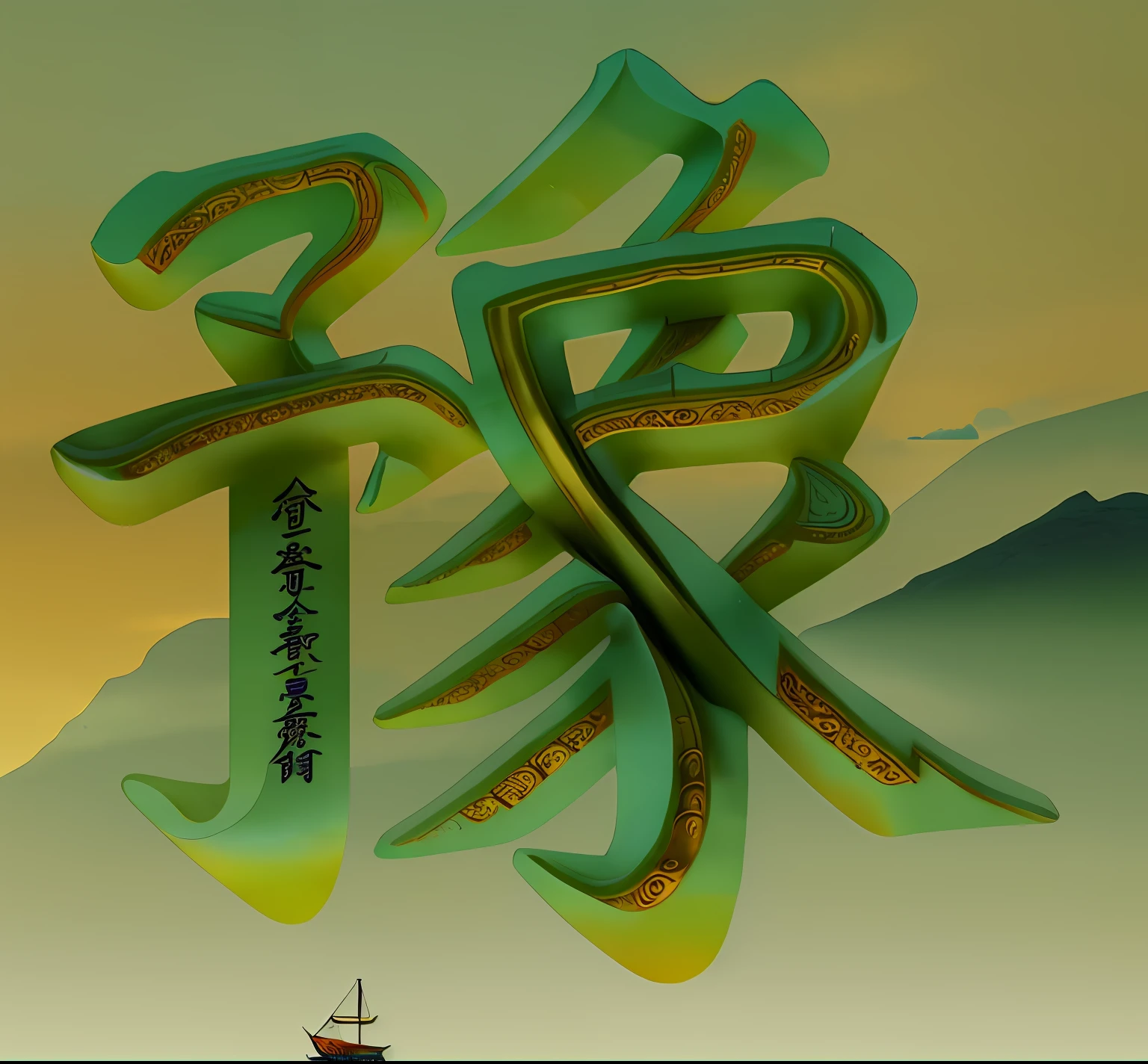 There is a poster，There is a photo of the boat in the water on it, inspired by Li Shixing, Inspired by Xiao Yuncong, sculpture made of water, inspired by Wu Hong, inspired by Hu Jieqing, artwork in the style of z.Show on the. gu, golden chinese text, inspired by Huang Gongwang, Inspired by Xie He