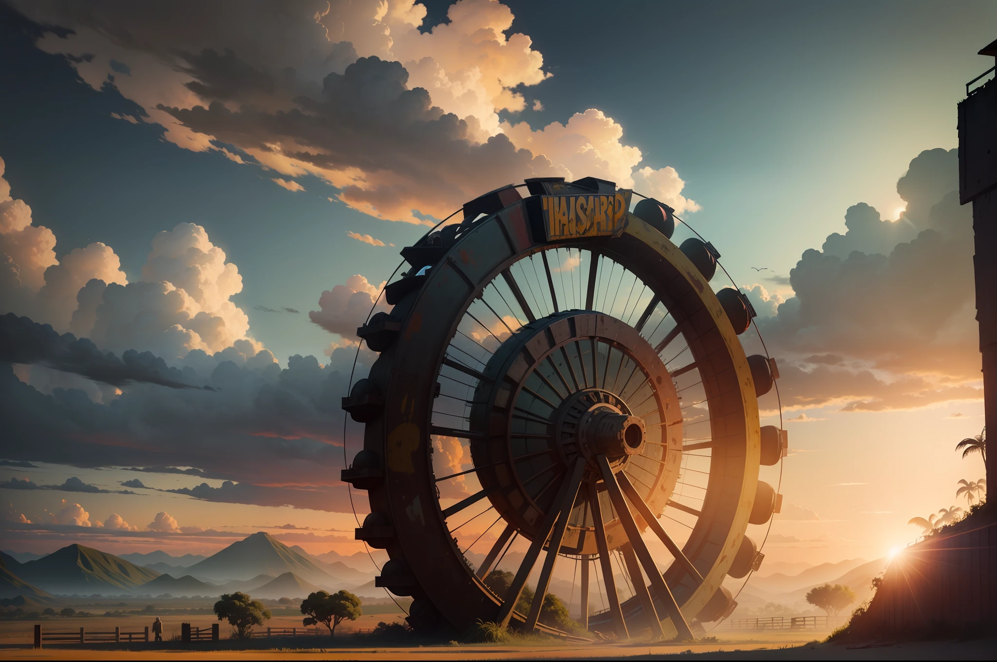 Ruined Jurassic Park,Wheel of Destruction,Bright warm colors,morningglow,Look up,Panorama composition,废墟, Abandoned fields