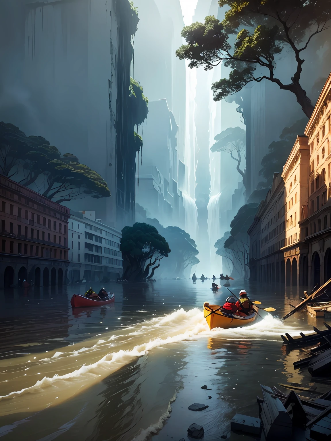 Best quality, Masterpiece,natural disaster, flood, flood, Wide channel, flood, Collapsed building area, Big tree in the water, Rescuers in kayaks,universe background