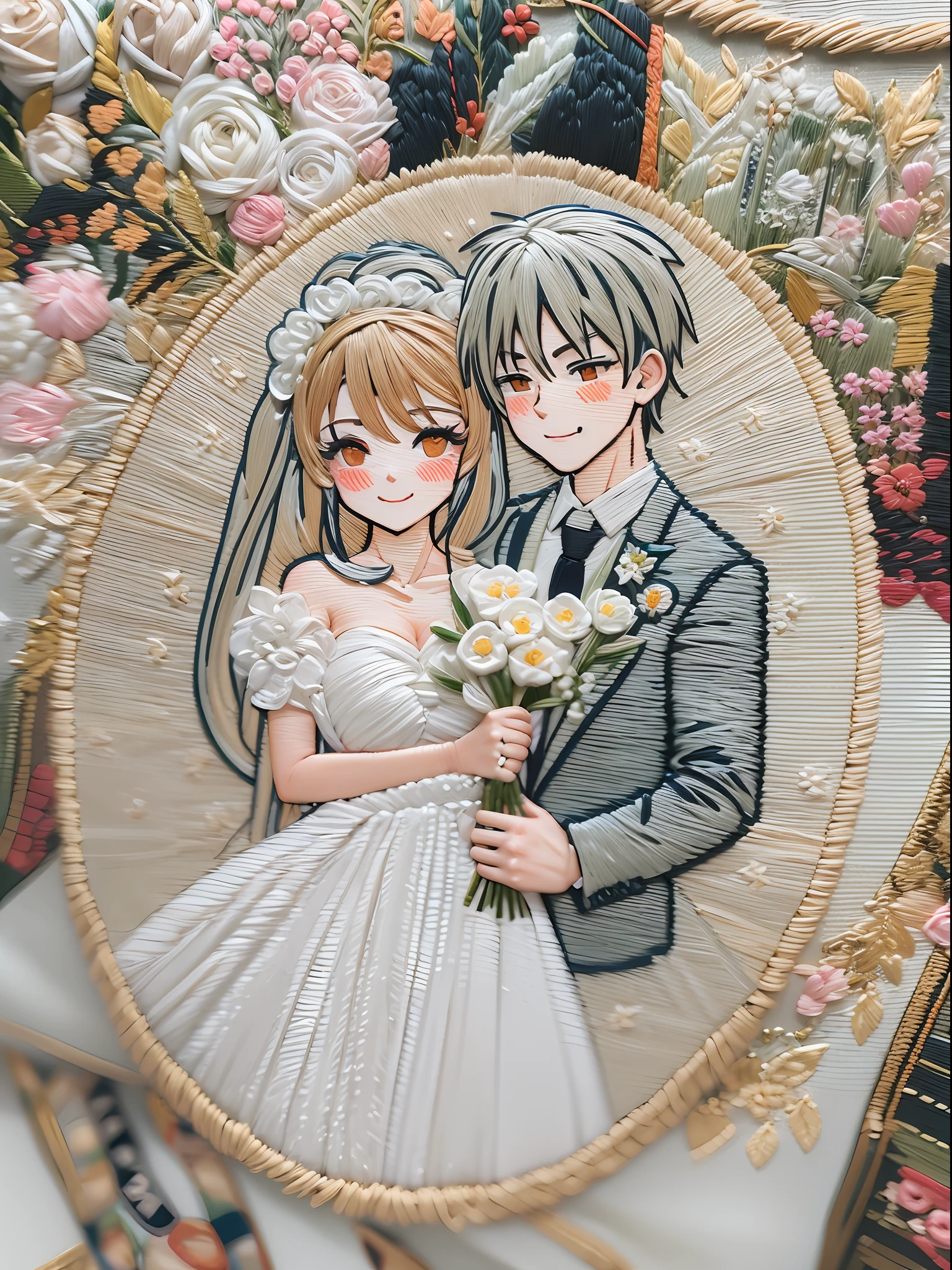 Needle point embroidery，Embroidered anime wedding photos，adolable，A boy in a suit and a girl in a white wedding dress，Flowers in hand，ssmile，𝓡𝓸𝓶𝓪𝓷𝓽𝓲𝓬