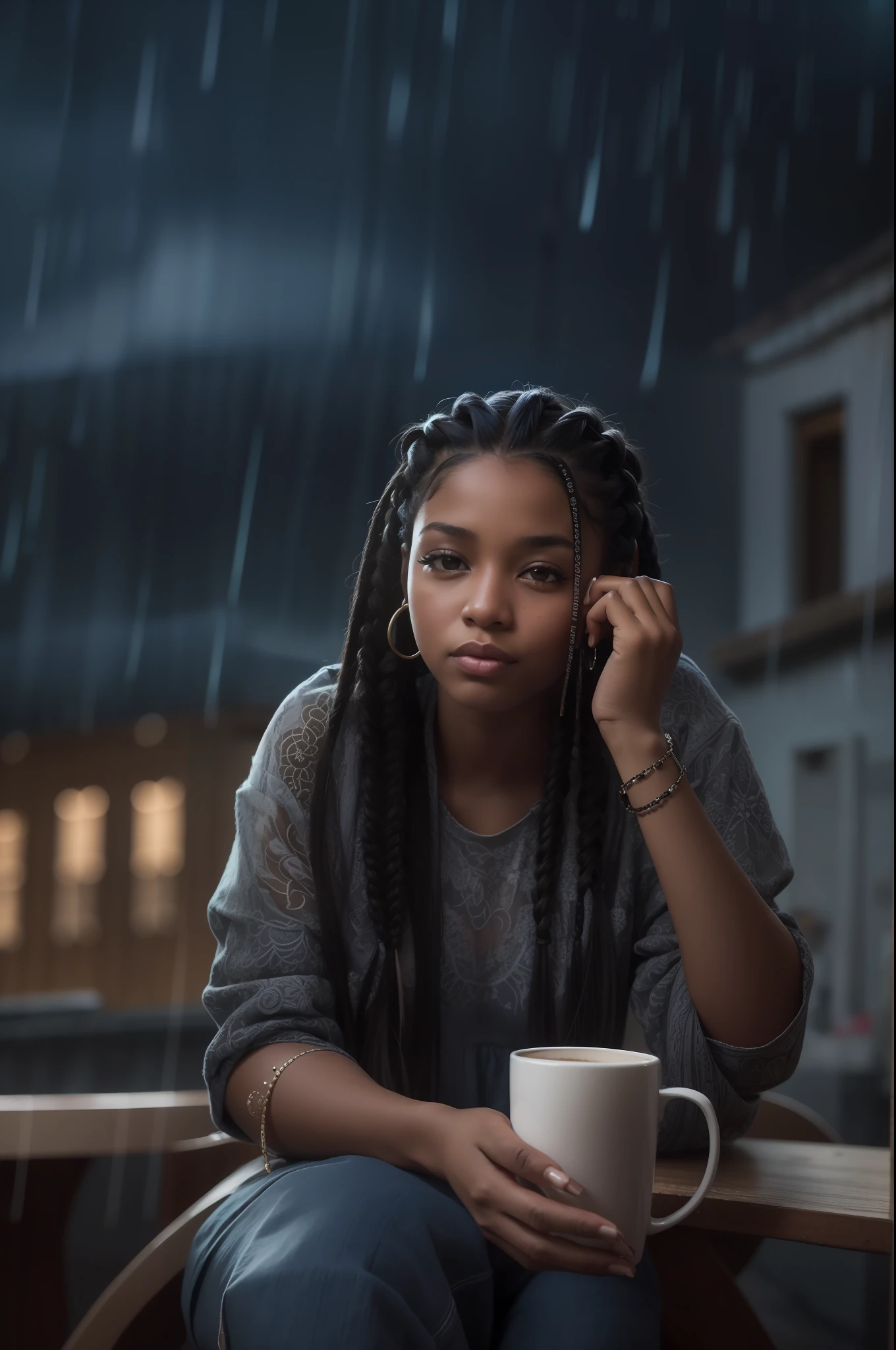 garota jovem, negra, with braids in the hair, coffee cup in hand, em seu quarto, chuva pela janela, noite, detalhado, realista
