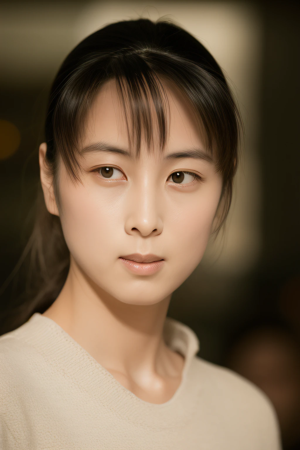 black hair, ponytail, empty eyes, pensive, serious, depth of field, first-person view, f/1.8, Canon, UHD, retina, masterpiece, ccurate, anatomically correct, textured skin, super detail, high details, high quality, best quality, highres, 4K, 8k