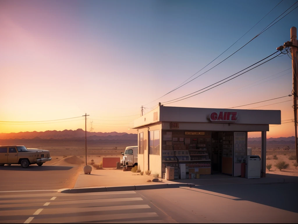 Isolated convenience store in the middle of the desert at sunset, car parked outside, lo-fi, nostalgic.