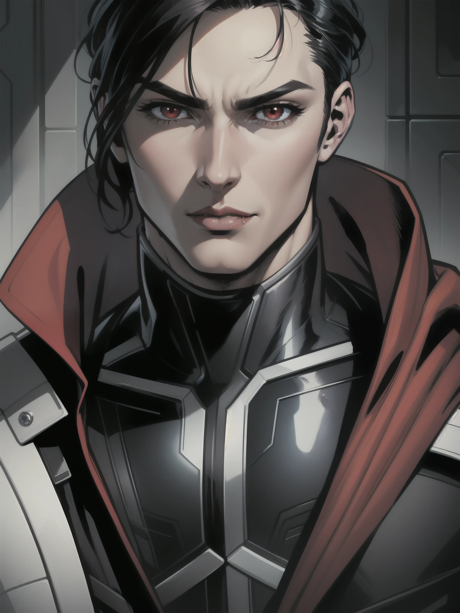Portrait, Masterpiece, Excellent, 1boy, solo, complex details, color diffusion, comic book, anime, marvel, DC, close-up, pale skin, male vampire, black hair, dark hair, red eyes, spy attire, assassin attire, Super Spy, badass, Sci-Fi, Fantasy