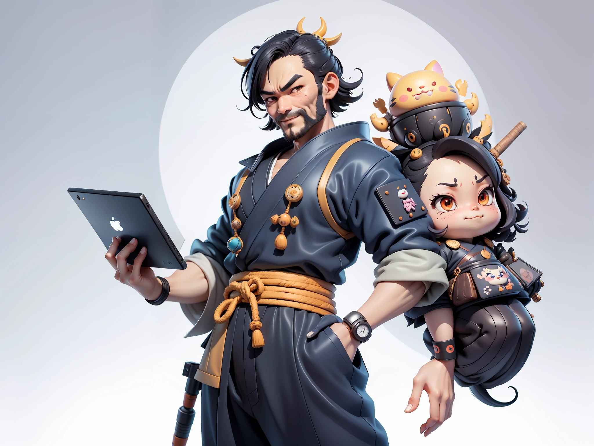 (Daisaku),(Need),(Super meticulous),(full bodyesbian:1.2),Japanese ukiyo-e girl,japanese geisha,Beautiful,Oriental dragon,Aeolian Thor,Raised sexy,爆乳,Oriental face,TV Anchor,Bust portrait illustration,Alone,In black suit,a blue tie,The face is slightly chubby,The face was clean,without a beard,Black super short hair,Black eyes,Smile confidently,3C computer sub-products,iPad, iphone,Digital painting,3D character design by Mark Clairen and Pixar and Hayao Miyazaki and Akira Toriyama,The illustration is a high-definition illustration in 4K resolution,With very detailed facial features and cartoon-style visuals。