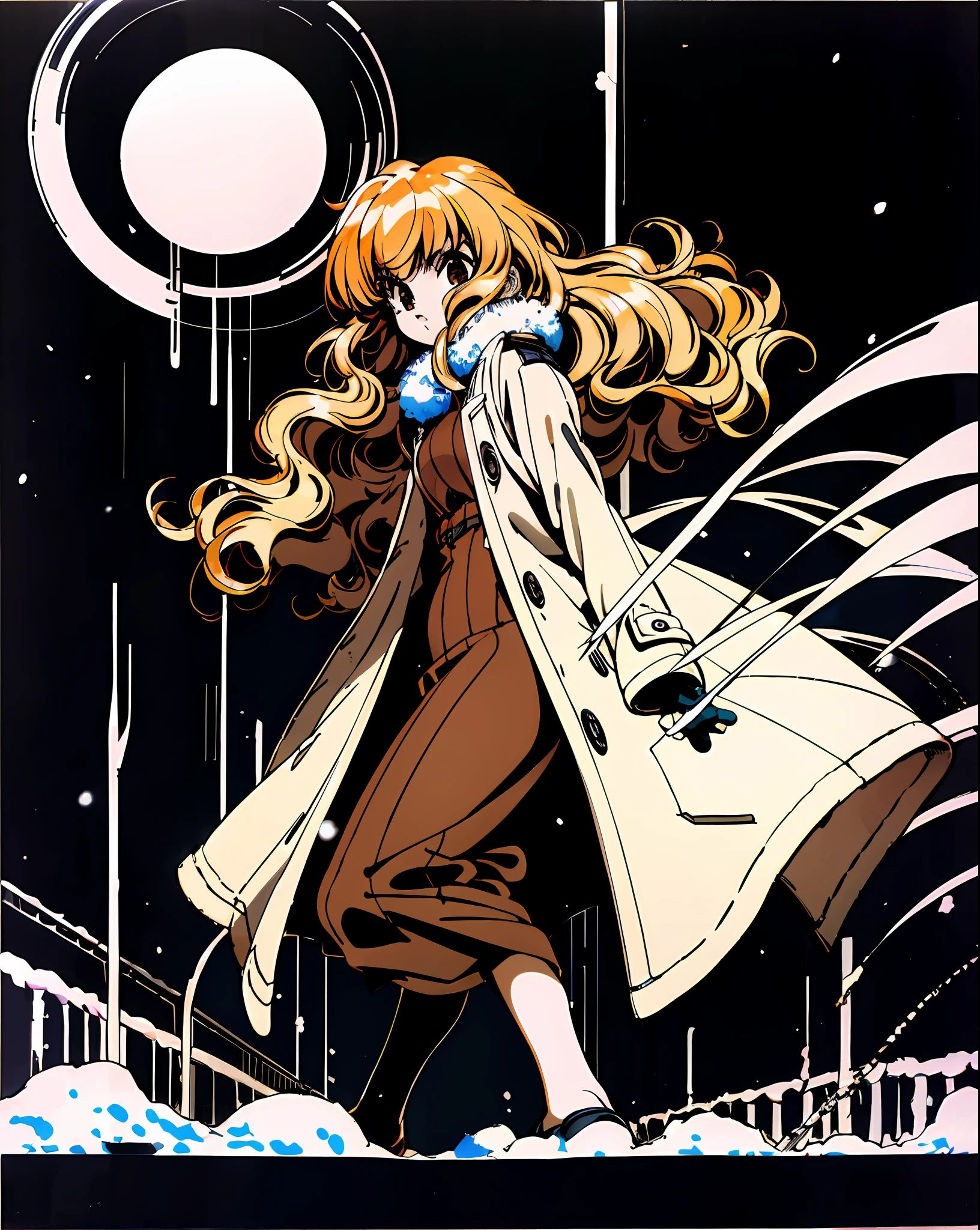 Taiga Aisaka walking by a train station on a snowy night, winter, snow, (gothic dress), (coat), VHS, vintage, manga style, black background, (bangs), wavy hair, glitch art, light brown hair