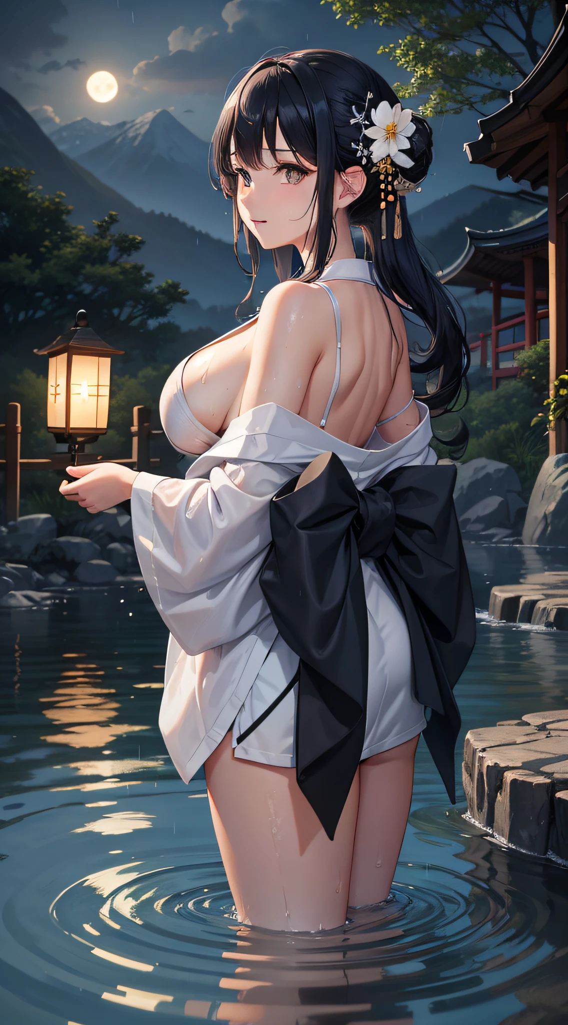 1girl, breasts, moon, lantern, night, solo, large breasts, hair ornament, wet, kimono, japanese clothes, wading, water, hair flower, flower, outdoors, sky, full moon, rain, black hair, off shoulder, mountain, cloud, holding, sash, bare shoulders, paper lantern, standing, white kimono, night sky, sideboob, obi, wet clothes, bangs, tree, from side,