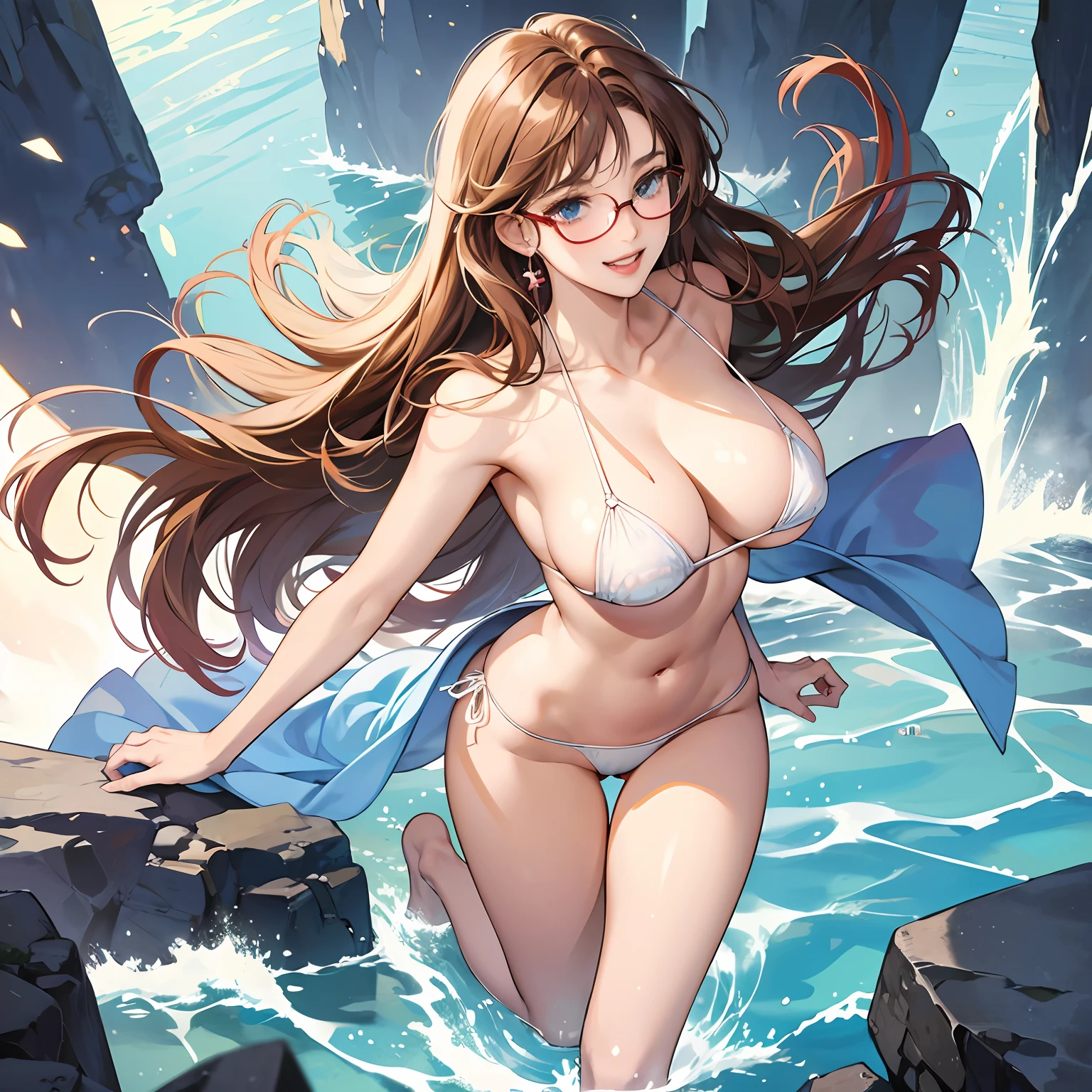 high image, super detail, high resolution, anime, manga, illustration, white thong micro bikini, skimpy bottom, glasses, intelligent beauty, laugh like a prankster, happy, shy, alluring moist half open red lips, ecstatic expression, amorous expression, seductive look, flowing layered messy medium short light brown hair, sparkling blue eyes, huge breasts, under boob, great proportion, perfect proportion, slender, full body