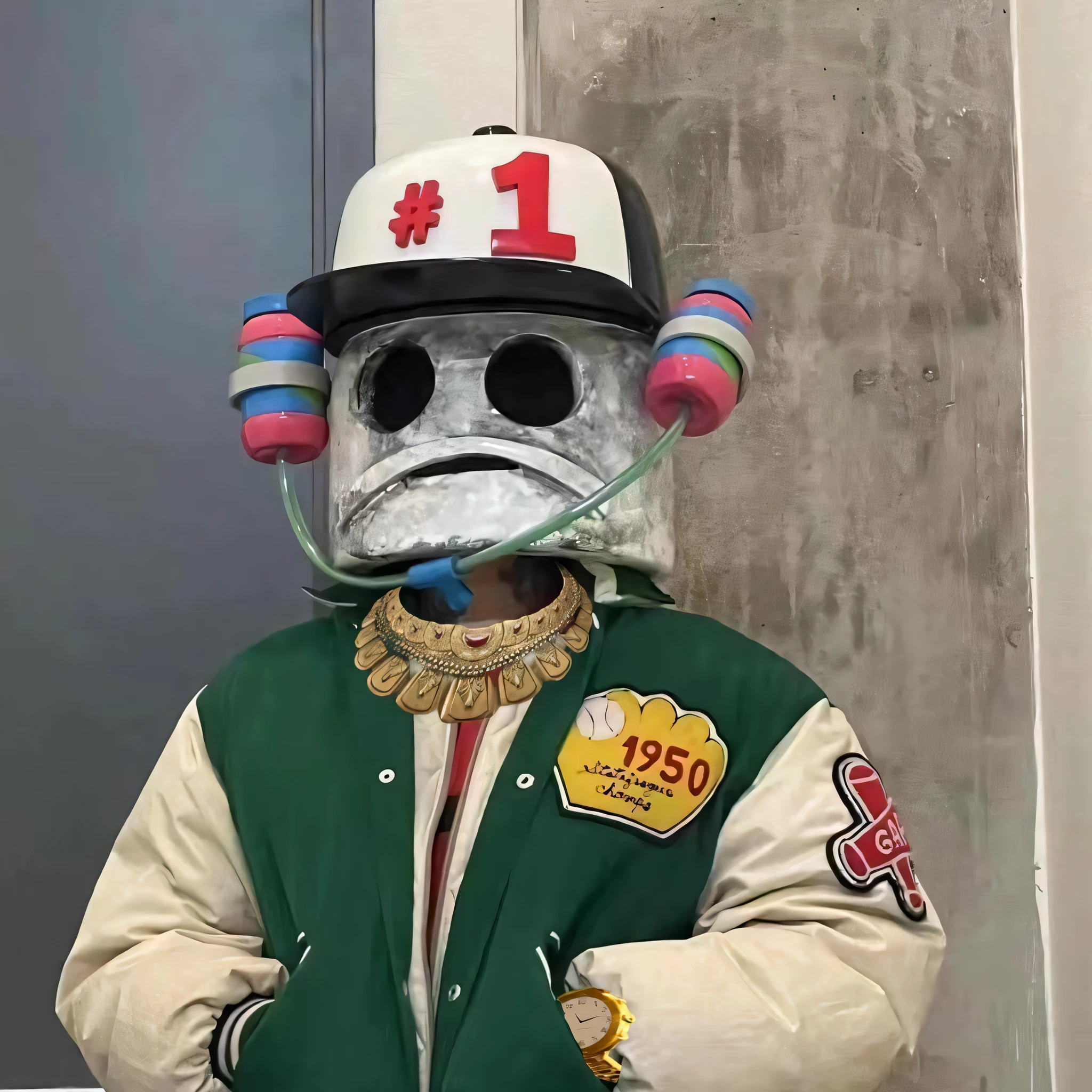 There was a man in a helmet and jacket, Dress up as a scavenger, full clothing, wearing a fisher 🧥, the robot wearing her human mask, cereal mascot, bladee from drain gang, full-cosplay wario, professional cosplay, aztec astronaut,抱着一只金色的趴着狮子 🐋 as 🐘 as 🤖 as 👽 as 🐳, Pepe the Frog, japanese mascot