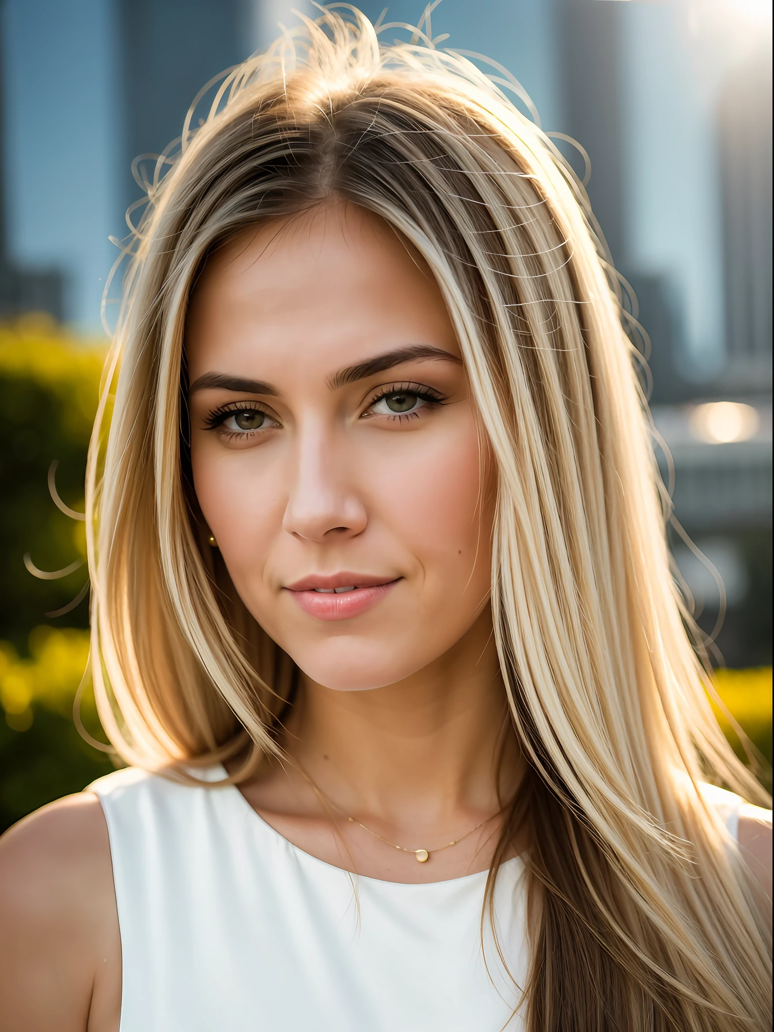 1 american woman, yellow long hair, beautiful white skin, 40 y.o , portrait shot, standing near a building, clearly face, rich detail, wearing white dress, with sun behind, bokeh, masterpiece, best quality, 8k uhd, dslr, film grain, taken by Nikon D700 photorealistic painting art by midjourney, sigma art 85mm, f1:1.4