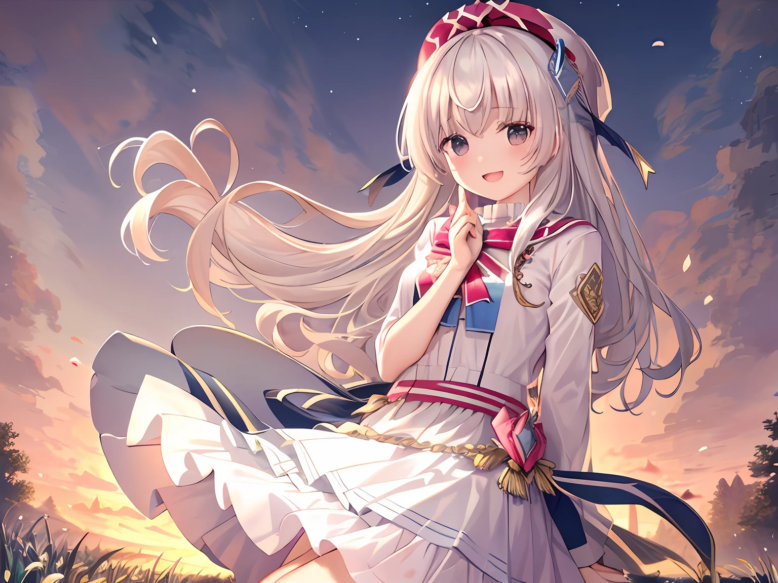 (Masterpiece, Best quality:1.4), (Ultra-detailed),god light, Ray tracing, Beautiful detail eyes, Extremely detailed,Extremely detailed Cg Unity 8K wallpaper,illustration,Lens 135mm,F1.8,Depth of field
,((Solo)),(Littel Girls:1.3),An extremely delicate and beautiful girl,Cute,Bright and detailed eyes,long hair flowing with the wind,long bangs between eyes,Messy hair,payot,Lateral braid,White wet dress，Golden decoration,wrinkled skirt,Tulle lace white skirt,beautiful hair ornaments,delicate wet dress,Bare legs,Blush,cheerfulness,:D,Cowboy shot,Blush,((1girll)), Hat,Sapphire
(Drizzle),(flower  field),Nature, Painting, water spray,Flowers and grass meadow, Sunset, Blue sky,River, Splashing water,(Falling petals),((Transparent dress))