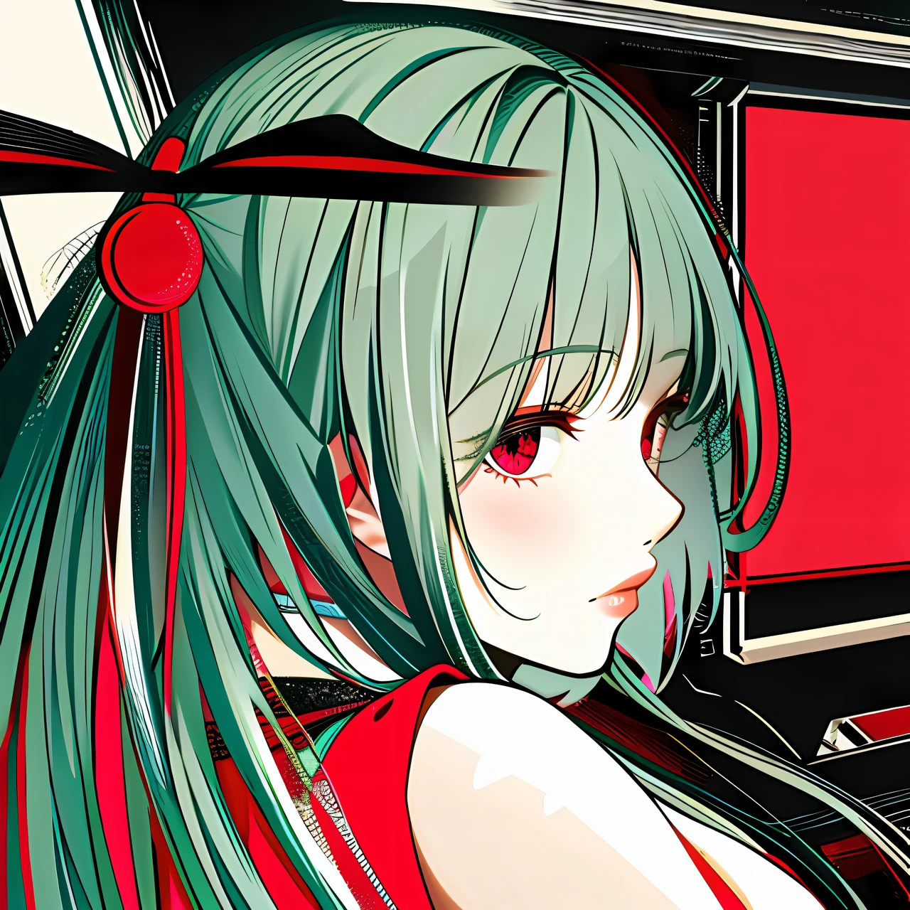 1girl, solo,red theme,looking at viewer,large breasts,portrait,from side,bad-girl,((mature female))